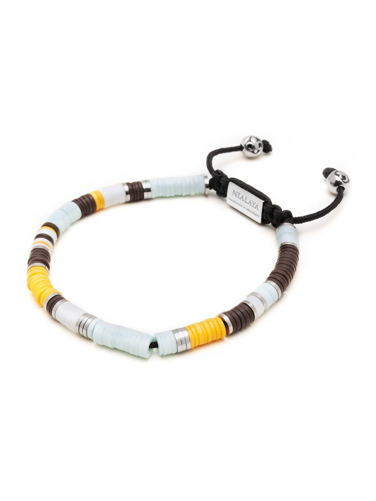 Men's Beaded Bracelet with Blue, Brown, Orange, White, and Silver Disc Beads