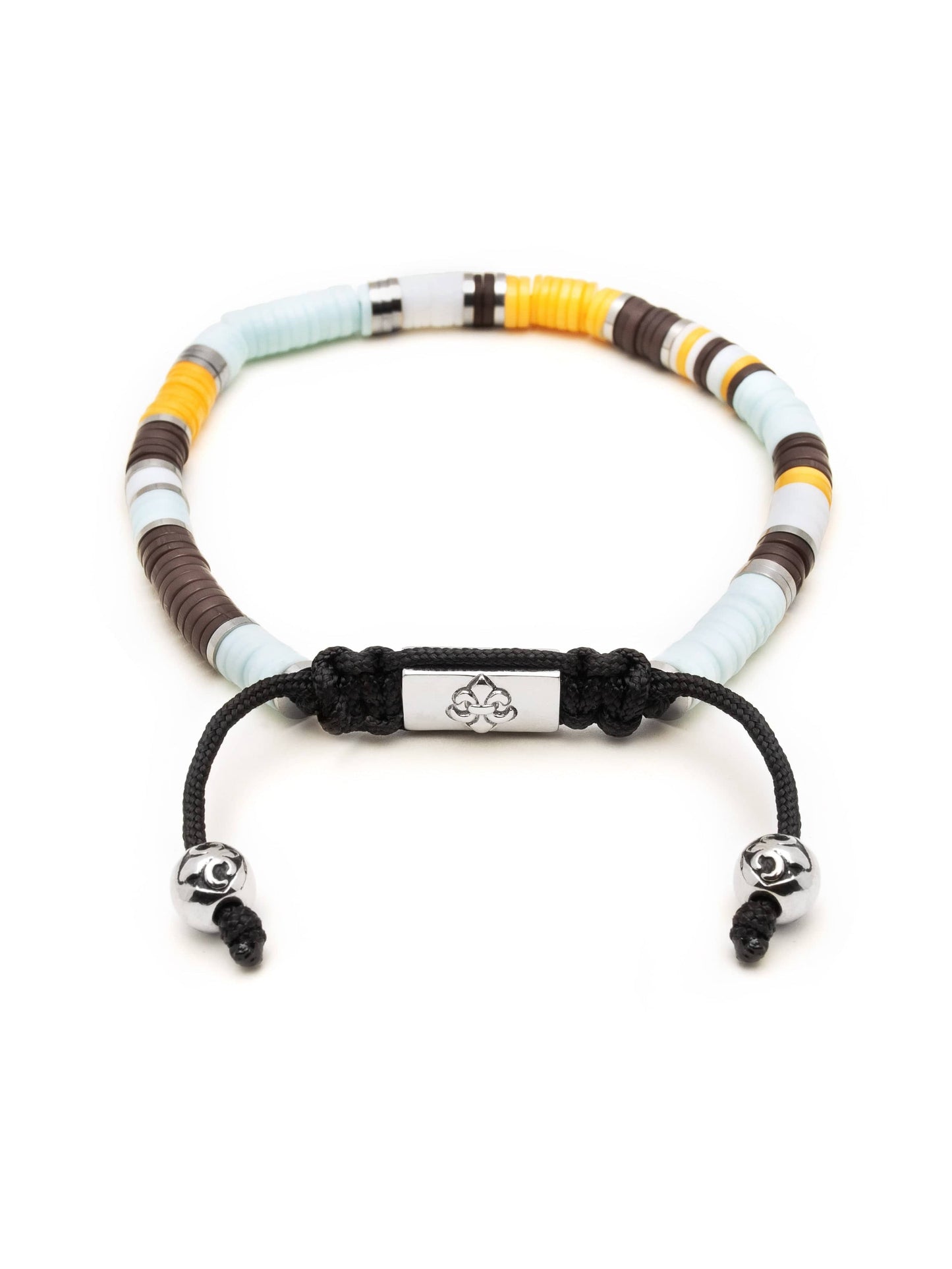 Men's Beaded Bracelet with Blue, Brown, Orange, White, and Silver Disc Beads