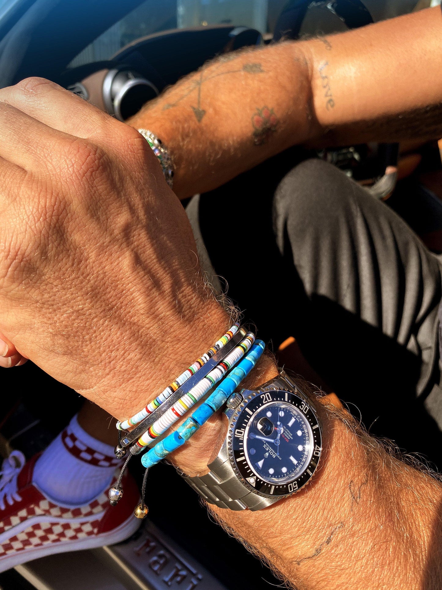 Men's Beaded Bracelet with Blue Mini Disc Beads