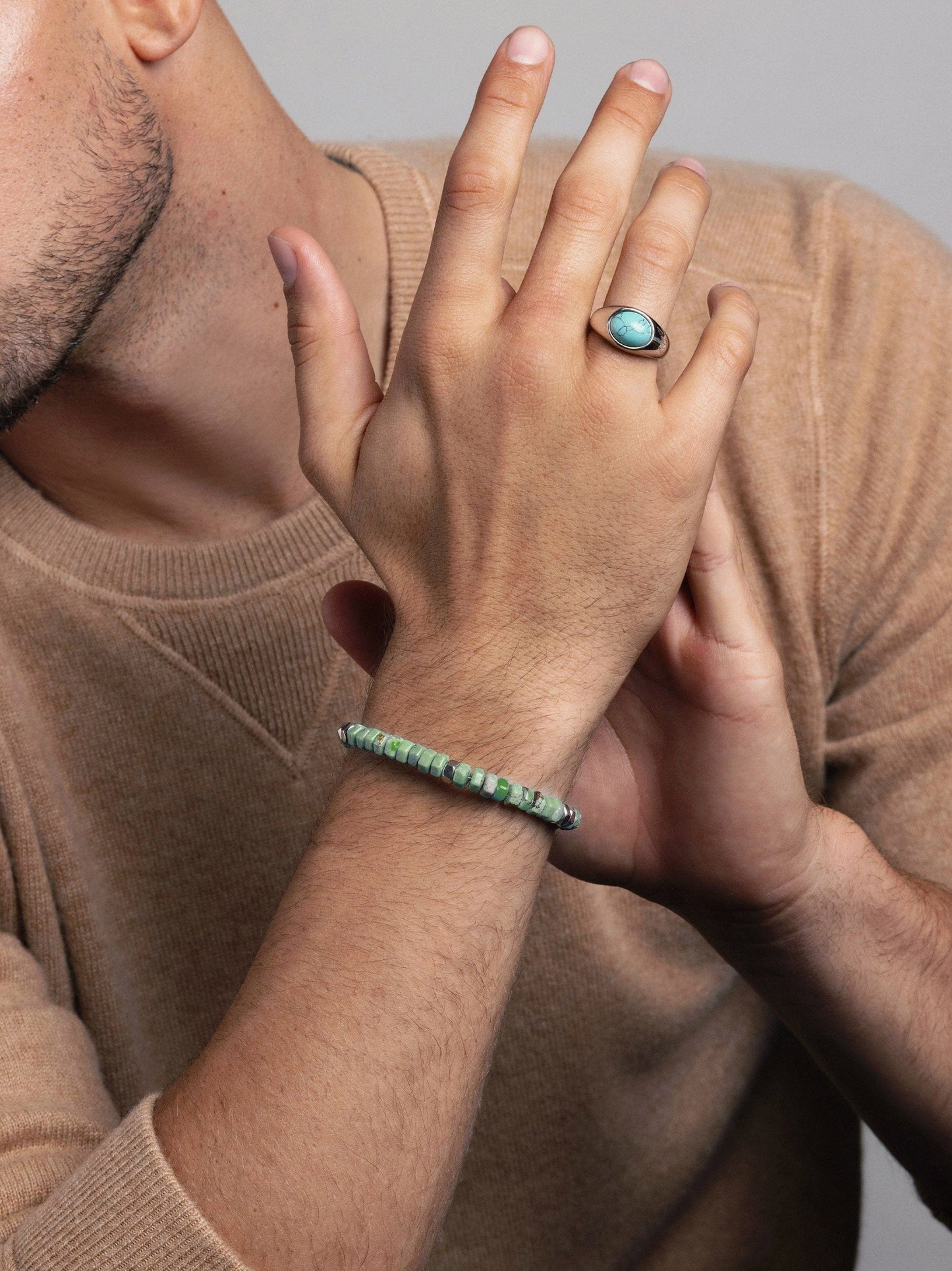 Men's Hexagon Beaded Bracelet with Green Turquoise and Silver
