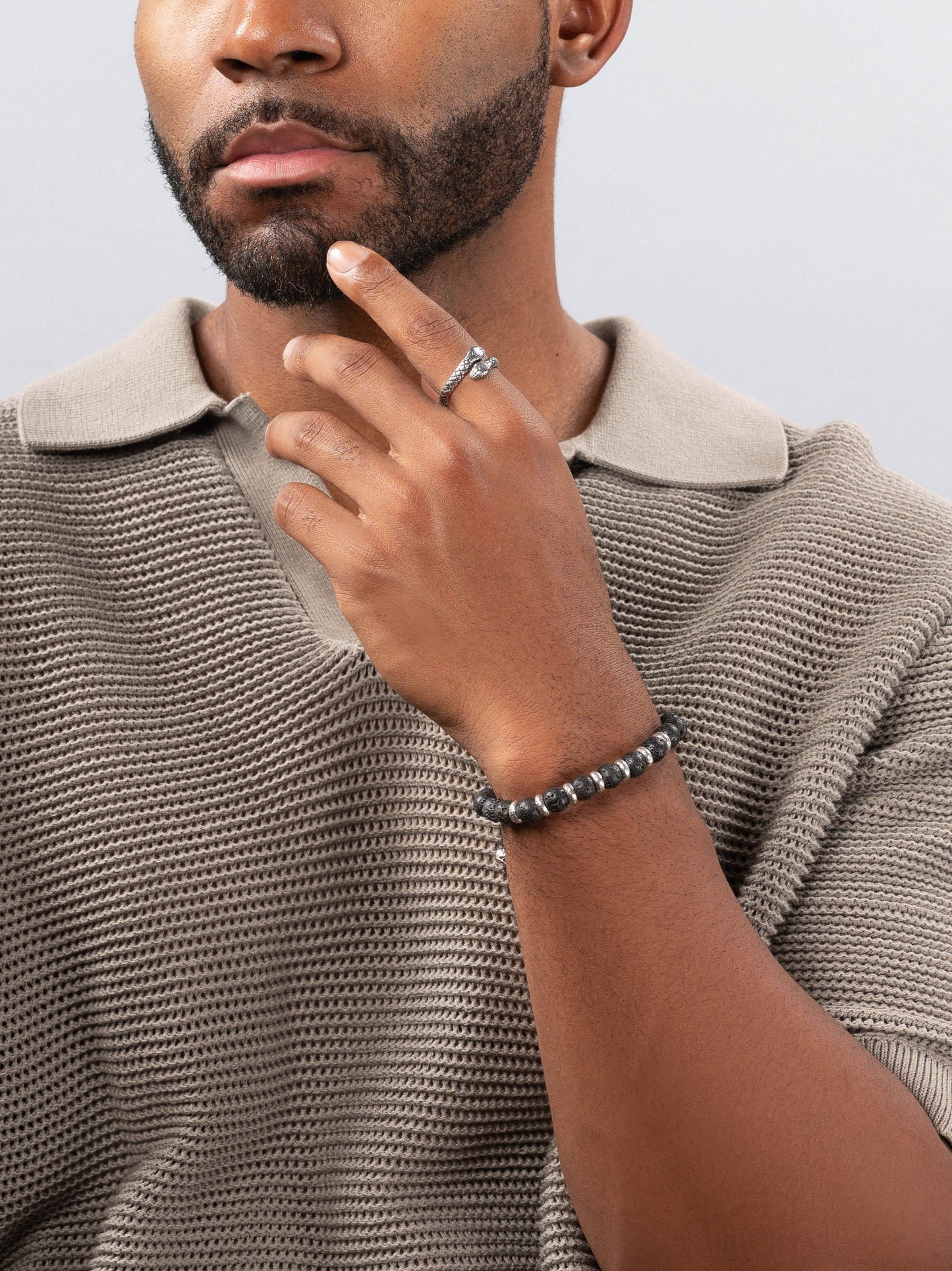 Men's Sterling Silver Beaded Bracelet with Lava Stone
