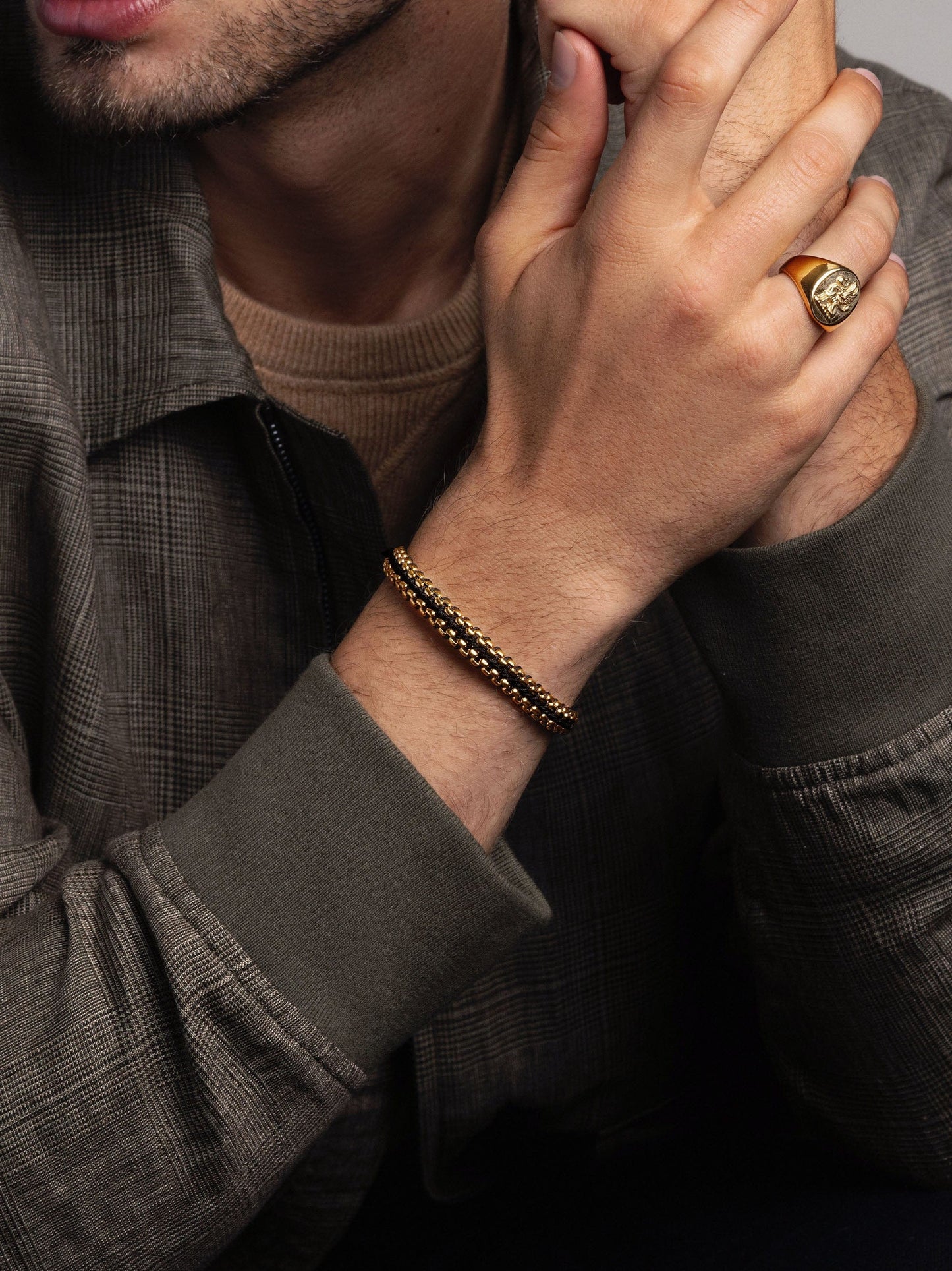 Black Woven Box Chain Bracelet in Gold