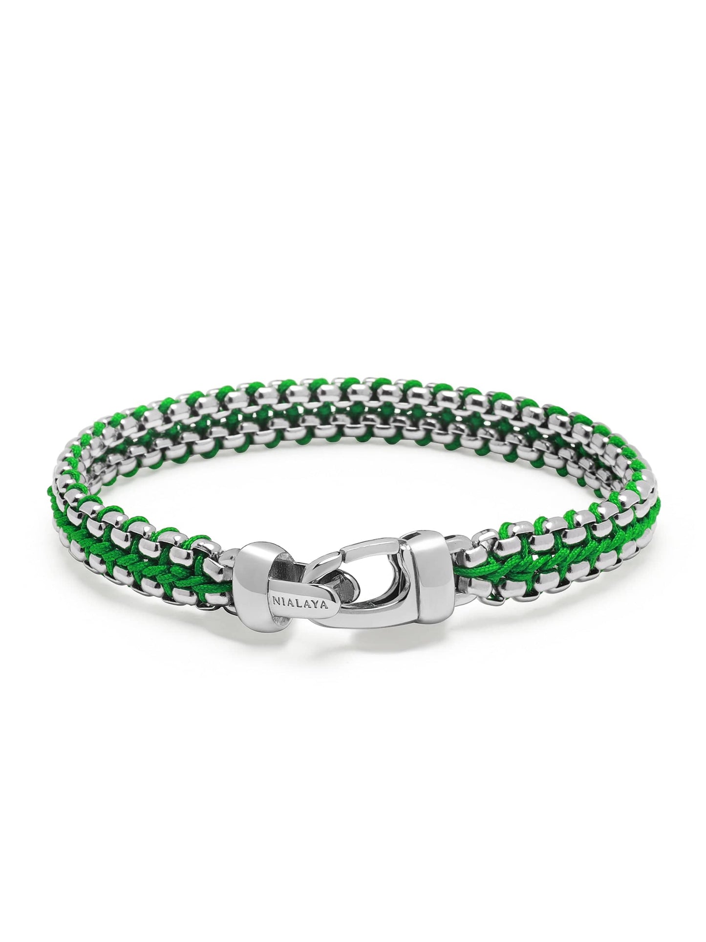 Green Woven Box Chain Bracelet in Silver