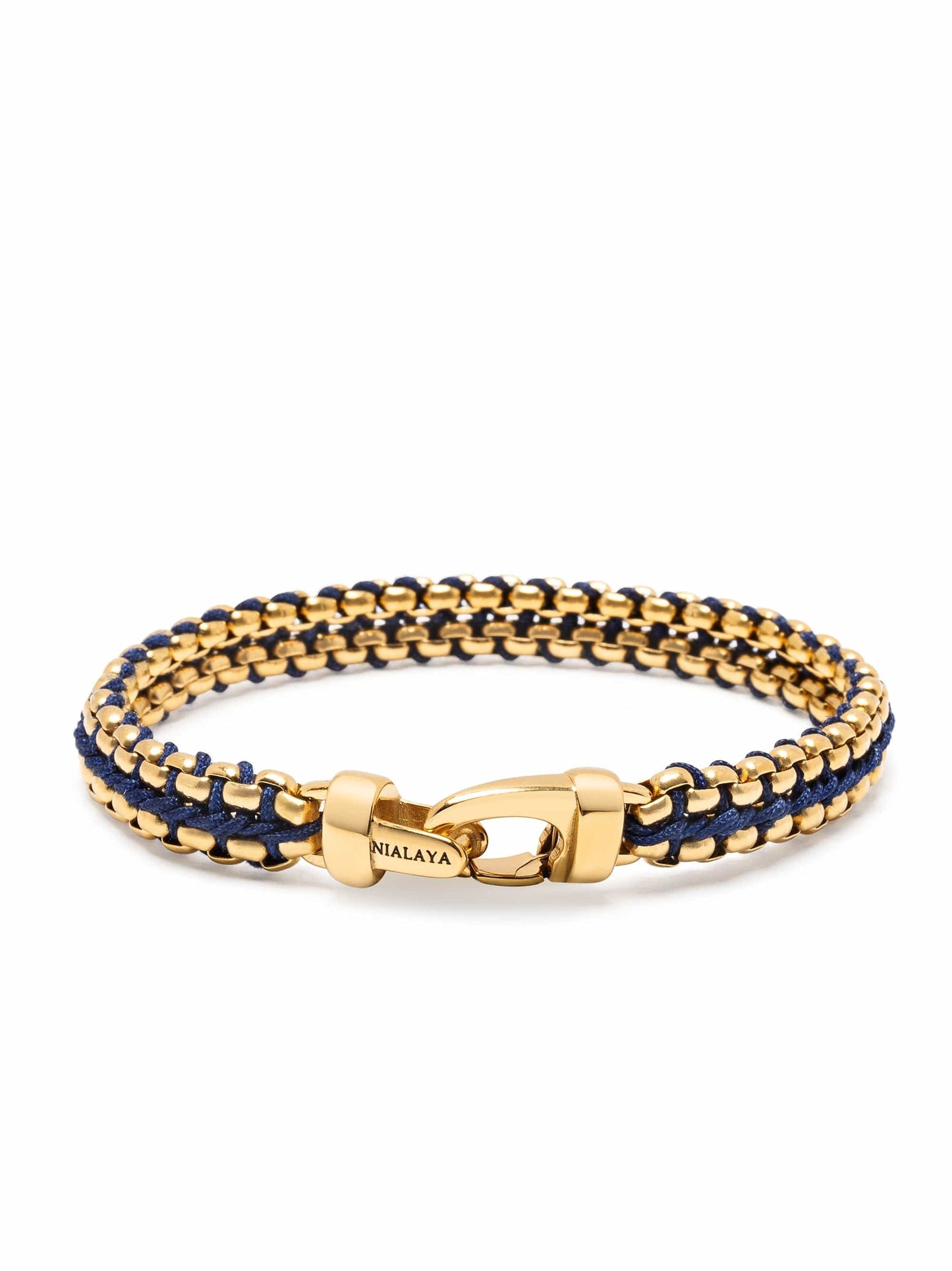 Navy Woven Box Chain Bracelet in Gold