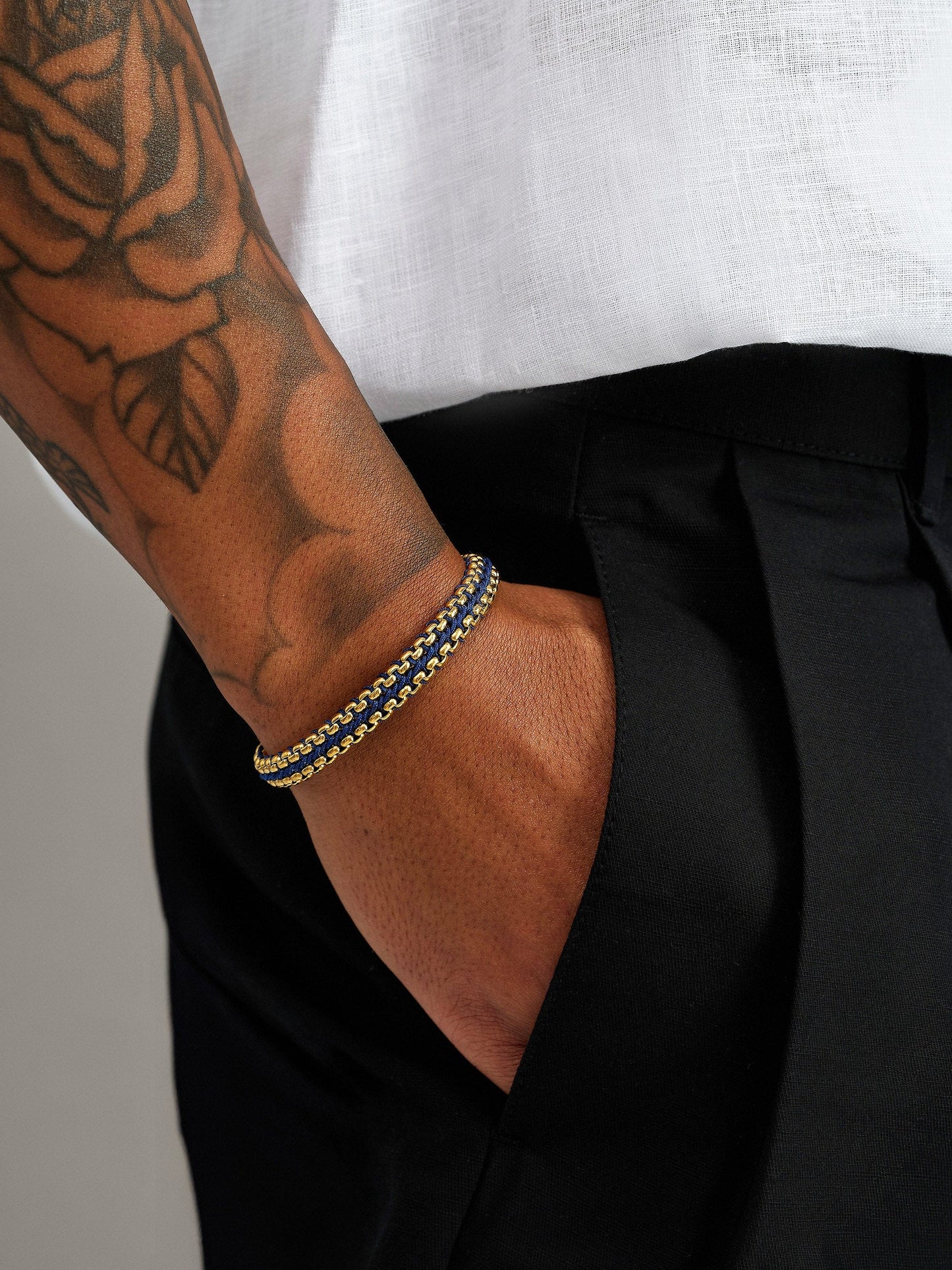 Navy Woven Box Chain Bracelet in Gold