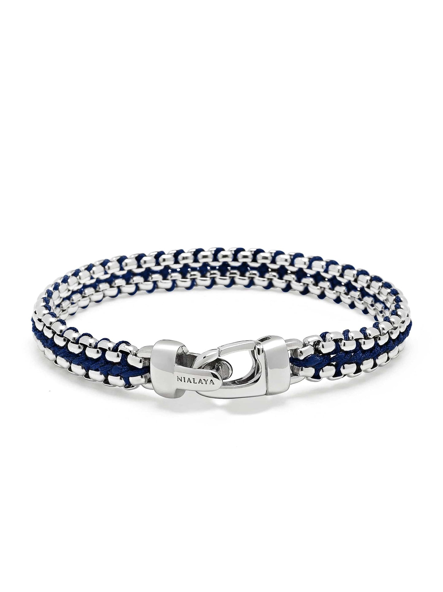 Navy Woven Box Chain Bracelet in Silver