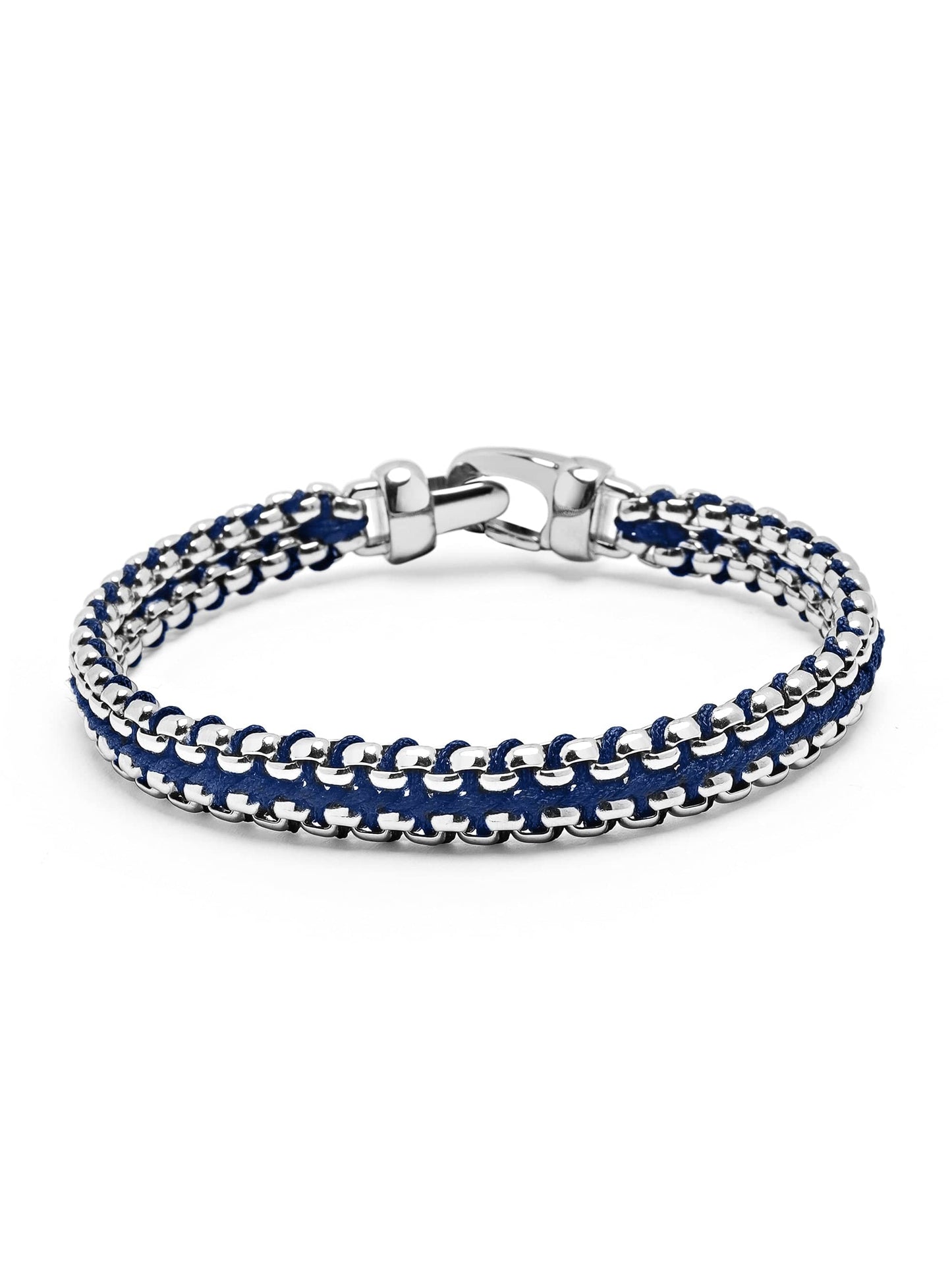Navy Woven Box Chain Bracelet in Silver