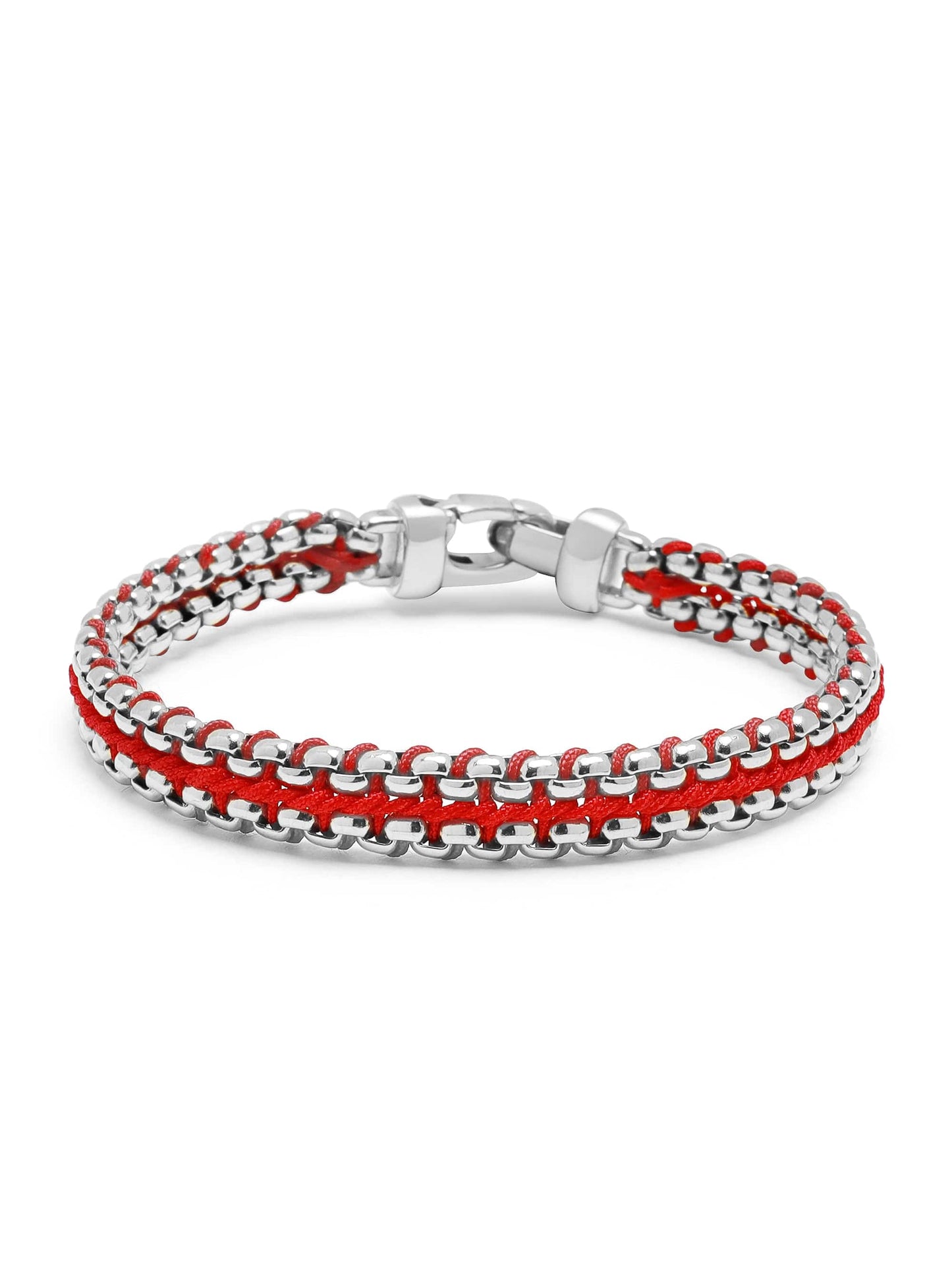 Red Woven Box Chain Bracelet in Silver