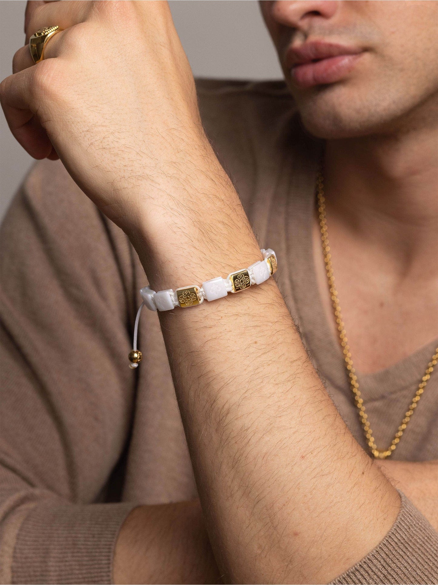 Men's Ceramic Flatbead Bracelet in White and Gold