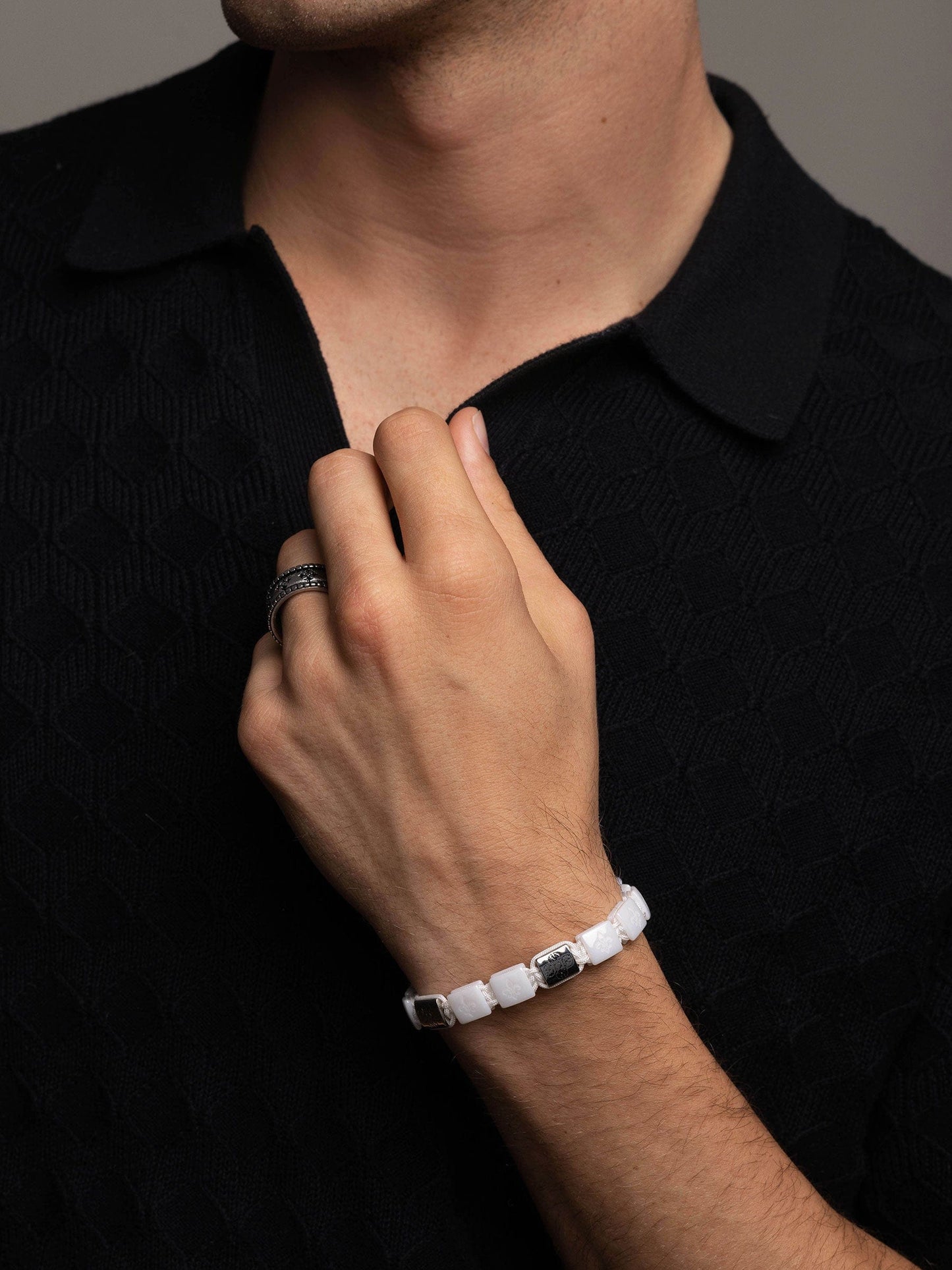 Men's Ceramic Flatbead Bracelet in White and Silver