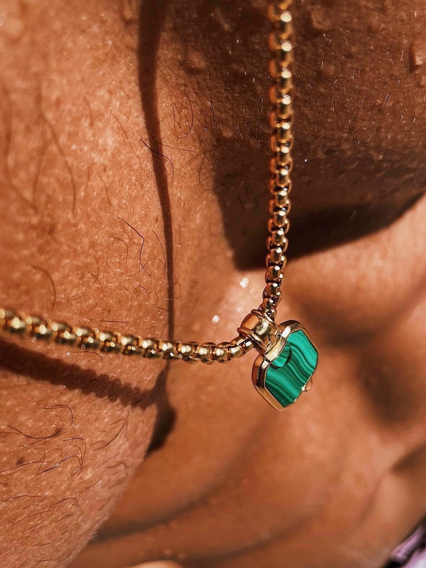 Gold Necklace with Square Malachite Pendant
