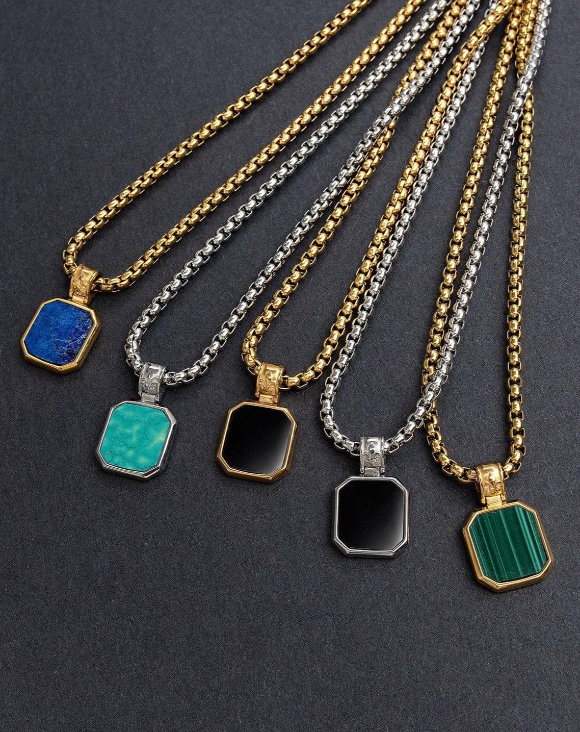 Gold Necklace with Square Onyx Pendant