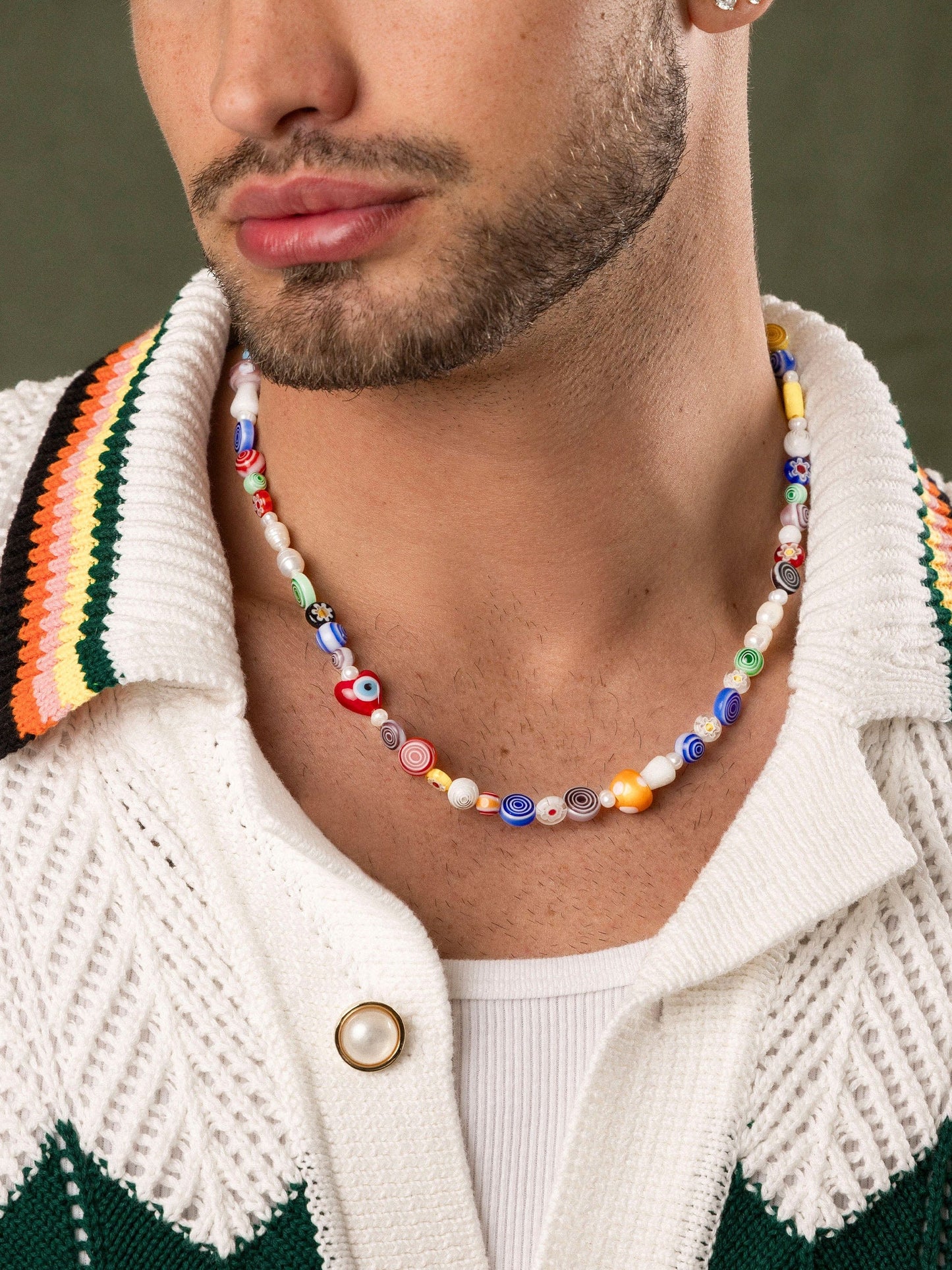 Men's Mushroom Pearl Choker with Assorted Beads