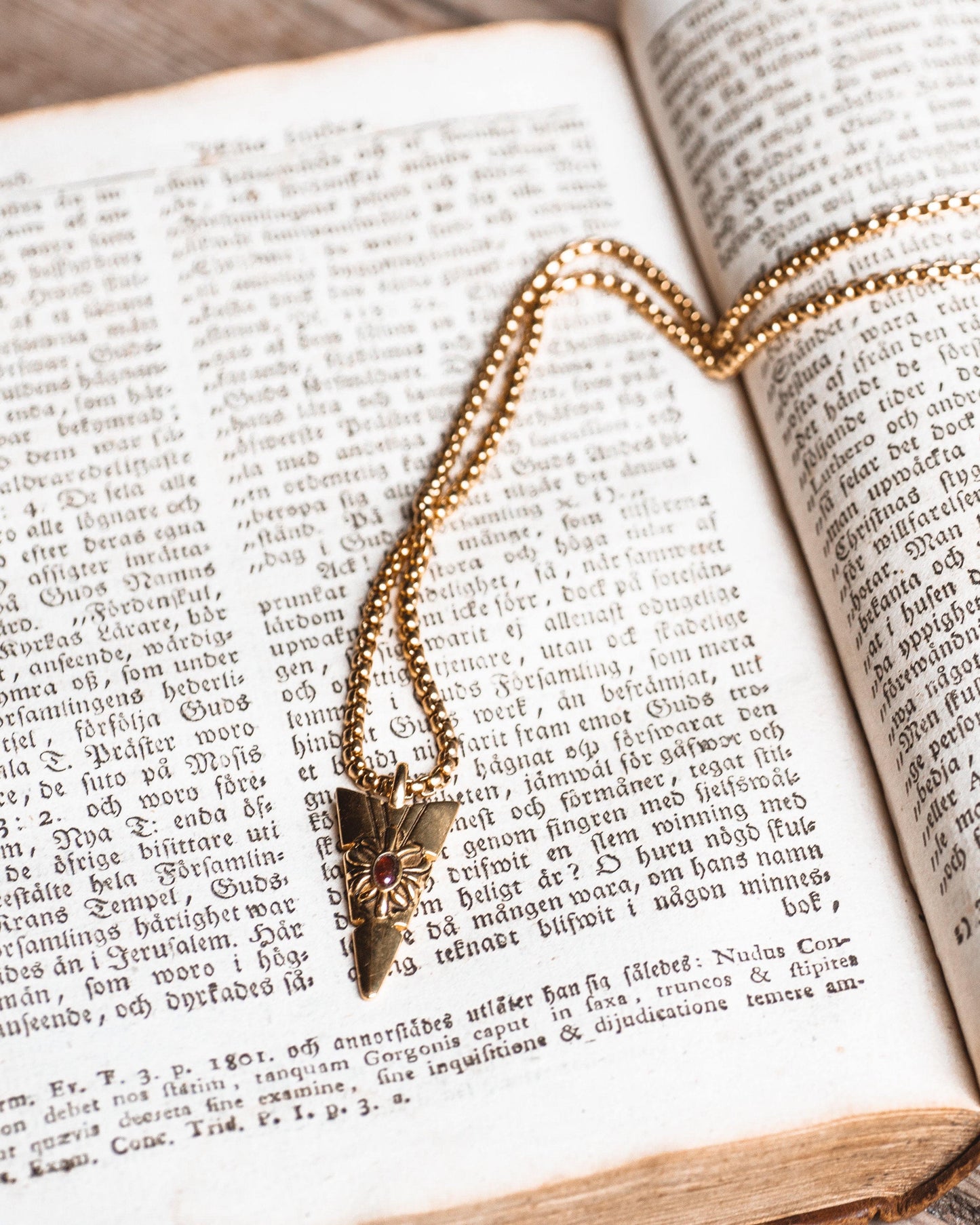 NIALAYA X JOHNNY EDLIND: Gold Arrowhead Necklace with Red Stone