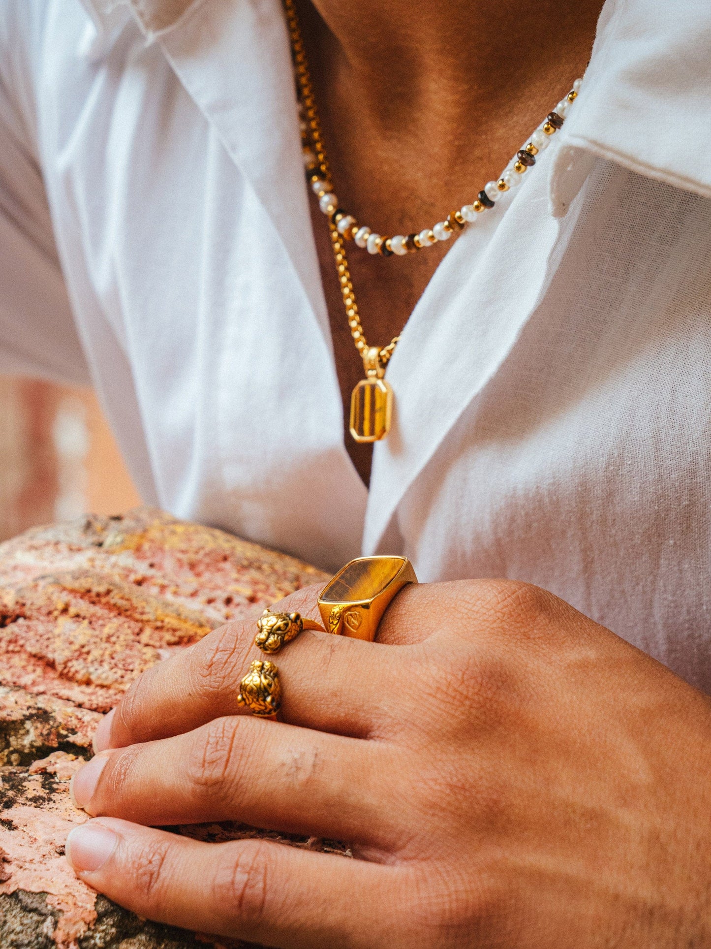 Gold Necklace with Square Brown Tiger Eye Pendant
