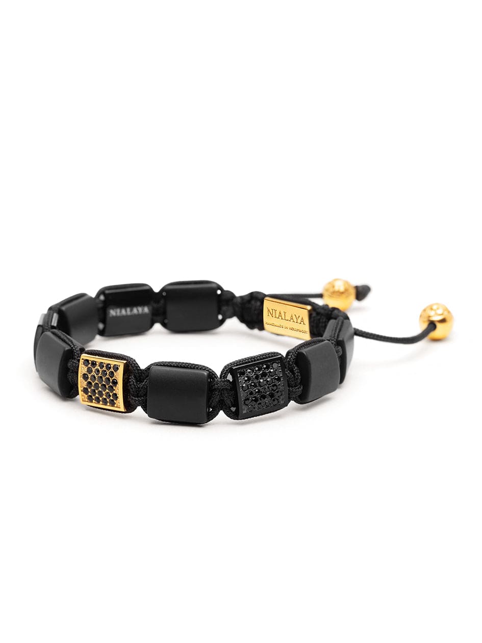 Women's Black Onyx Flatbead Bracelet with Black CZ Diamonds and Gold Plating