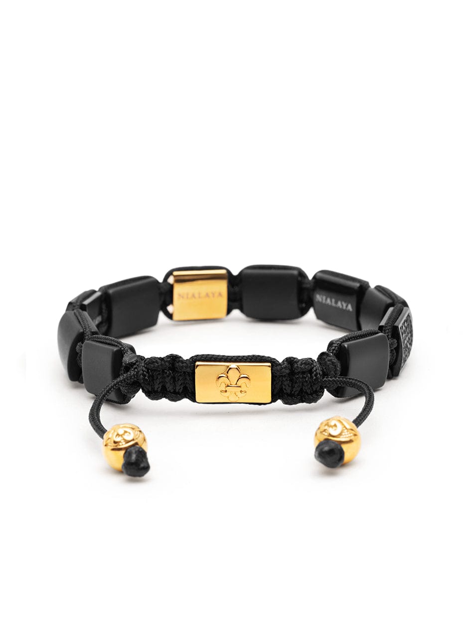 Women's Black Onyx Flatbead Bracelet with Black CZ Diamonds and Gold Plating