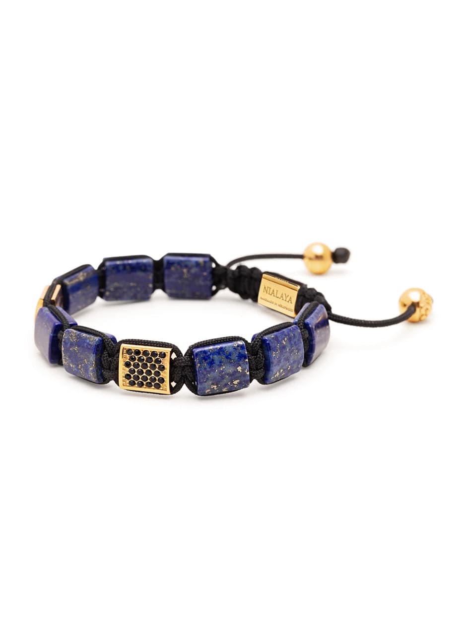 Women's Blue Lapis Flatbead Bracelet with Black CZ Diamonds and Gold Plating
