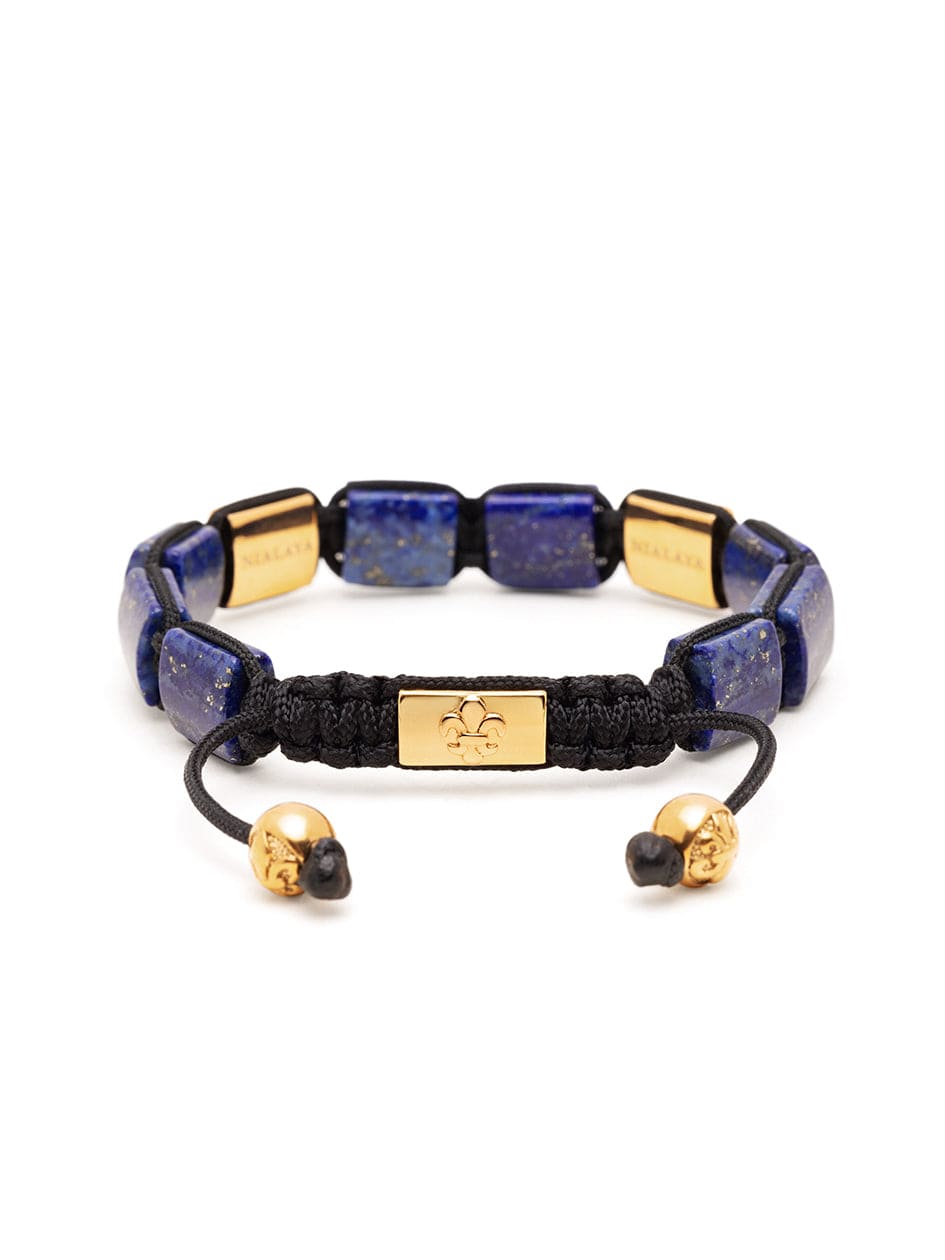 Women's Blue Lapis Flatbead Bracelet with Black CZ Diamonds and Gold Plating