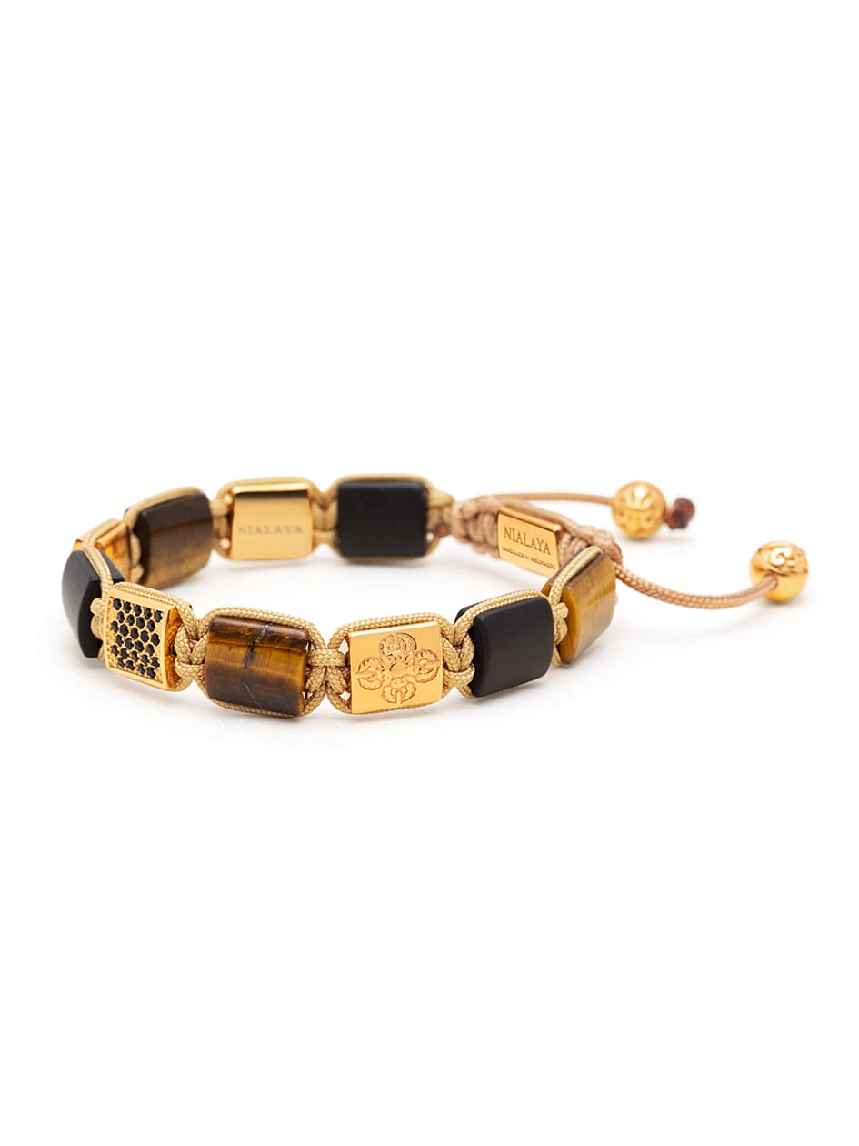 Women's Brown Tiger Eye and Black Onyx Flatbead Bracelet with Black CZ Diamonds and Gold Plating
