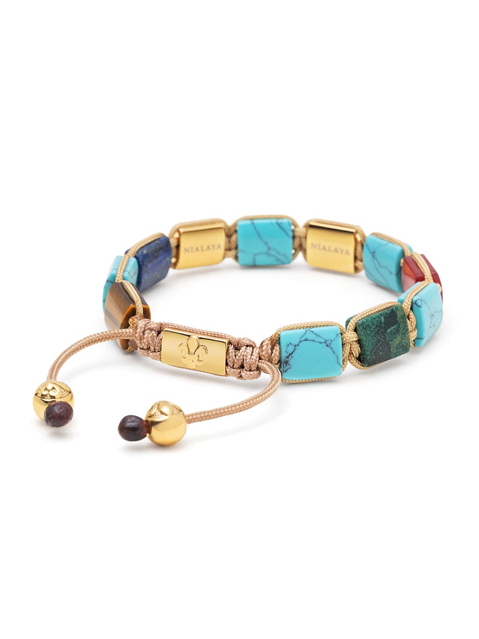 Women's Flatbead Bracelet with Turquoise, Jade, Blue Lapis, Brown Tiger Eye and Gold