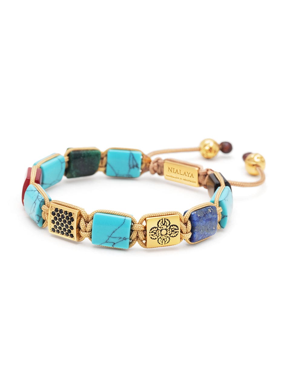 Women's Flatbead Bracelet with Turquoise, Jade, Blue Lapis, Brown Tiger Eye and Gold