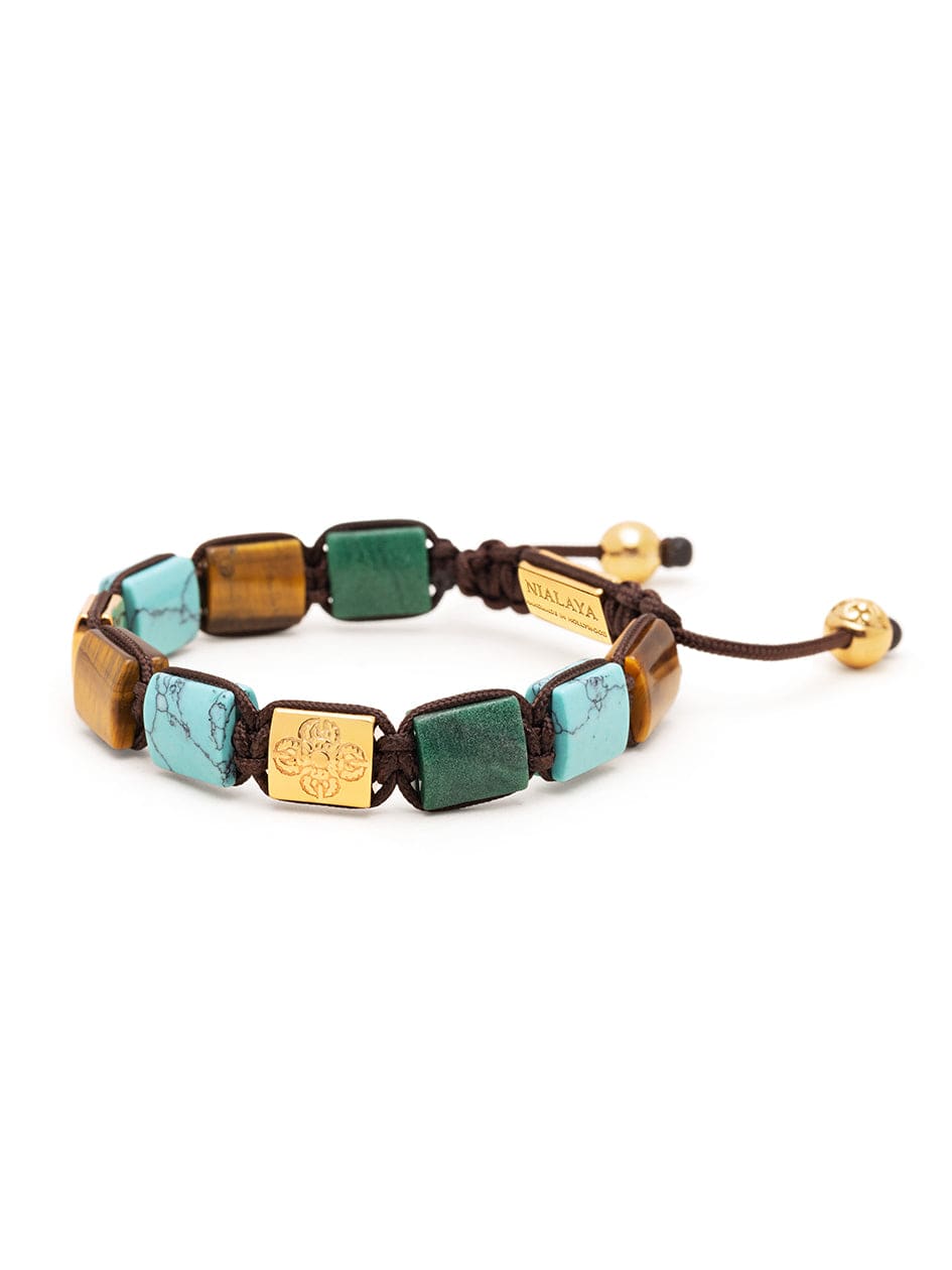 Women's Turquoise, Green Jade, and Brown Tiger Eye Flatbead Bracelet with Gold Plated Dorje