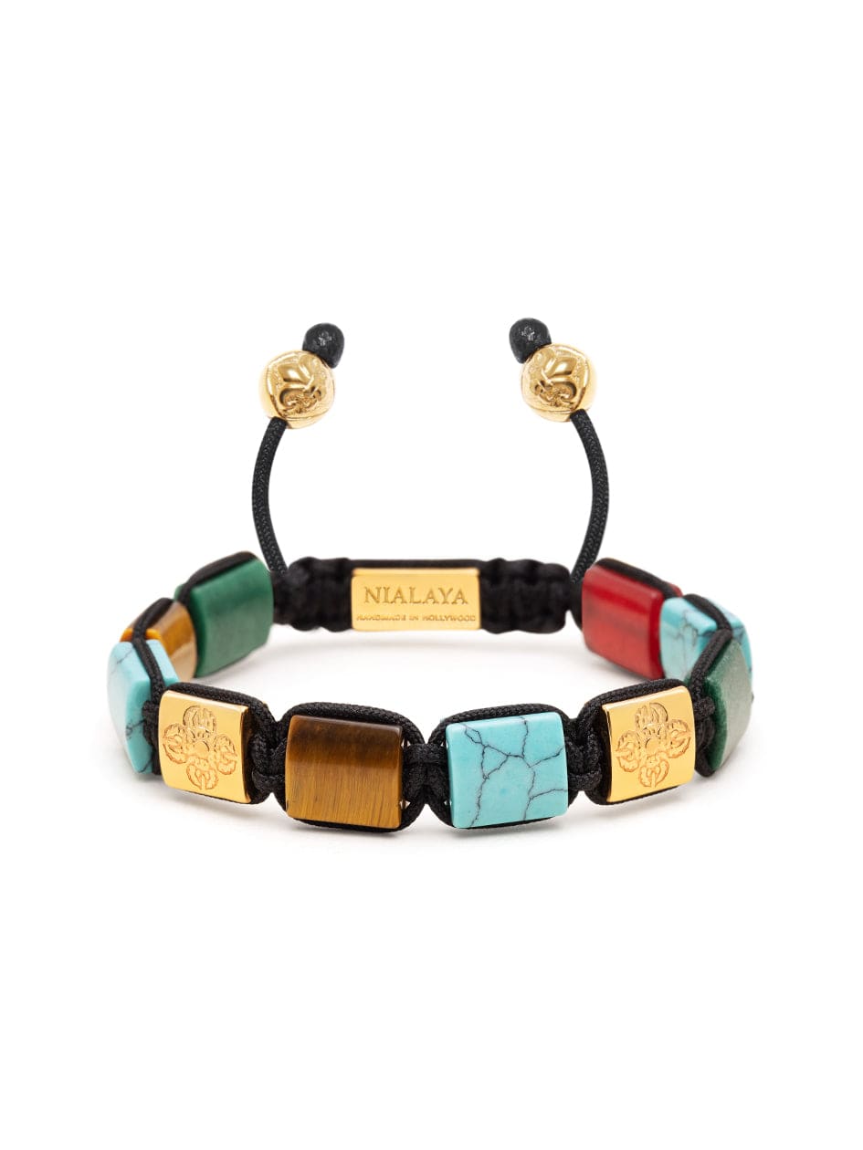 Women's Turquoise, Green Jade, Red Jade, and Brown Tiger Eye Flatbead Bracelet with Gold Plated Dorje