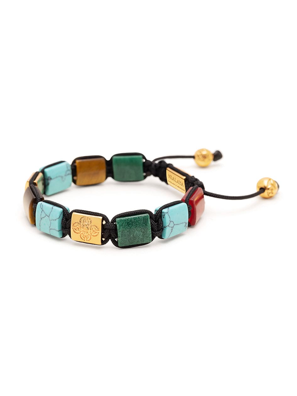 Women's Turquoise, Green Jade, Red Jade, and Brown Tiger Eye Flatbead Bracelet with Gold Plated Dorje