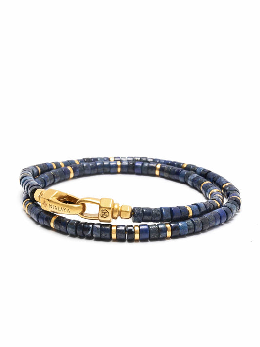 Blue Lapis Heishi Wrap Bracelet with Gold Lock