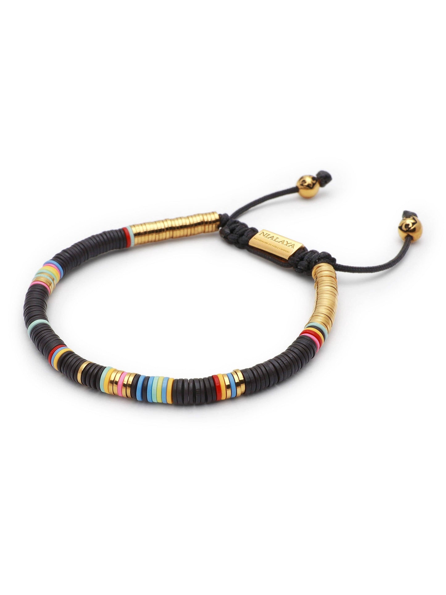 Men's Beaded Bracelet with Black Disc Beads and Gold