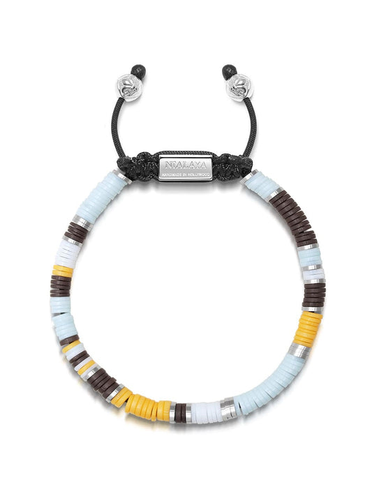 Men's Beaded Bracelet with Blue, Brown, Orange, White, and Silver Disc Beads