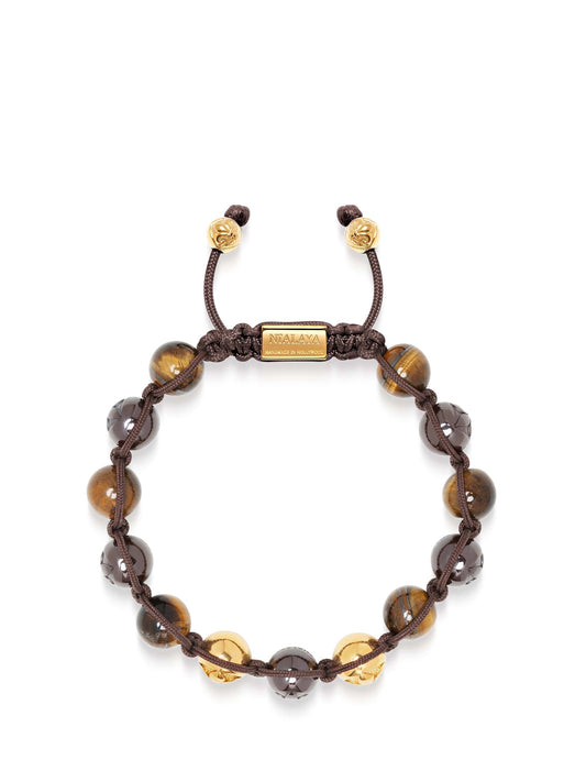Men's Beaded Bracelet with Burgundy Ceramic, Tiger Eye and Gold Balls