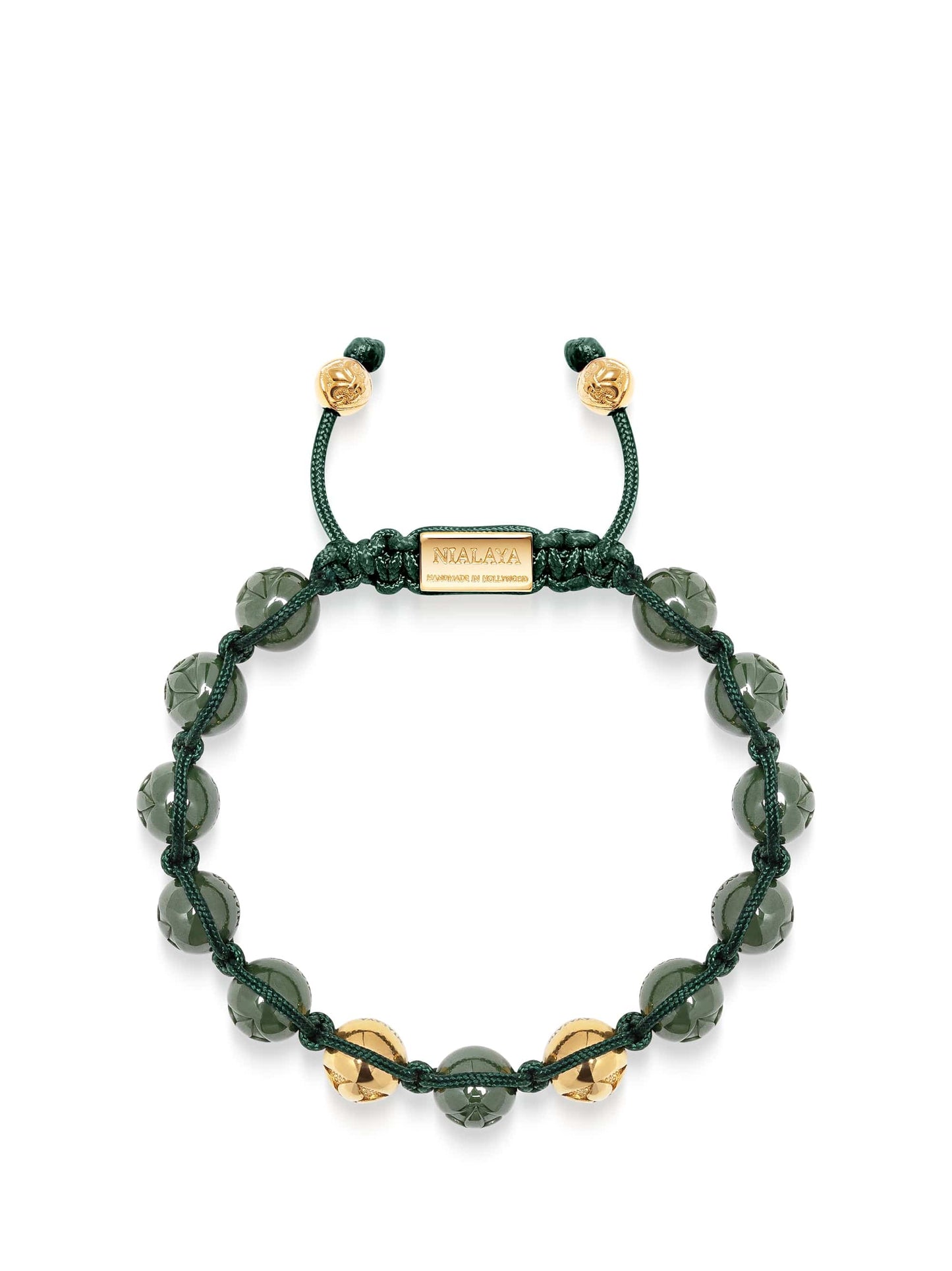 Men's Beaded Bracelet with Glossy Green Ceramic & Gold Beads