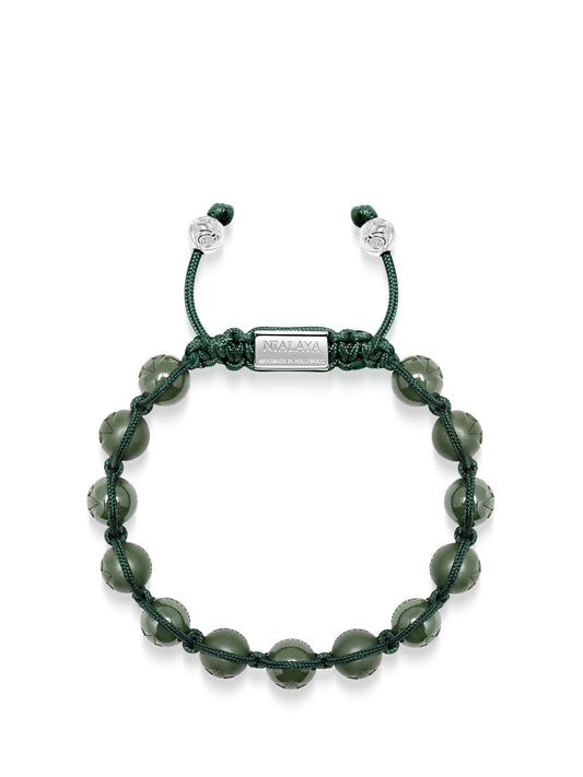Men's Beaded Bracelet with Glossy Green, Matte Green Ceramic & Silver