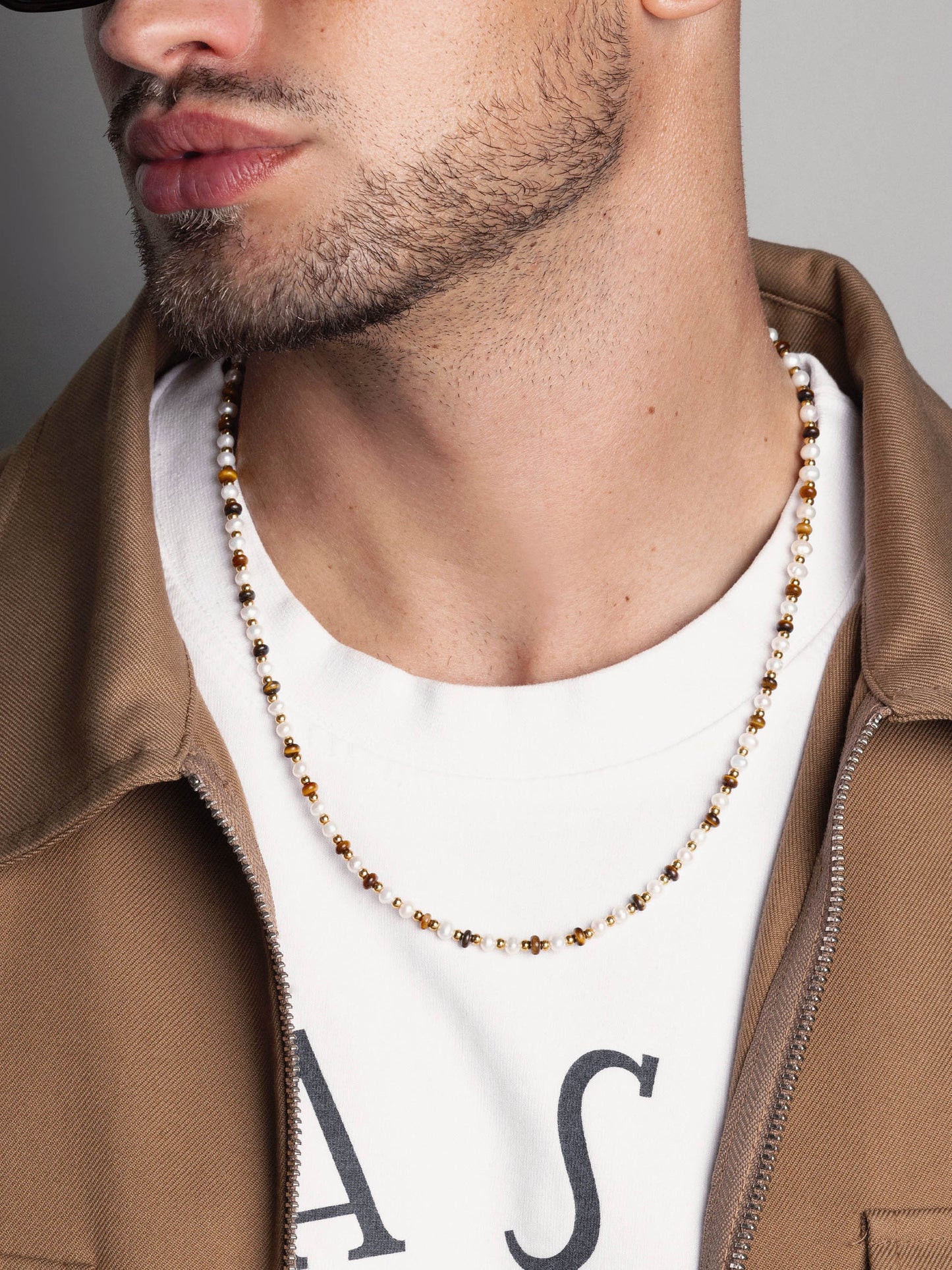 Men's Mini Beaded Necklace with Pearls and Tiger Eye