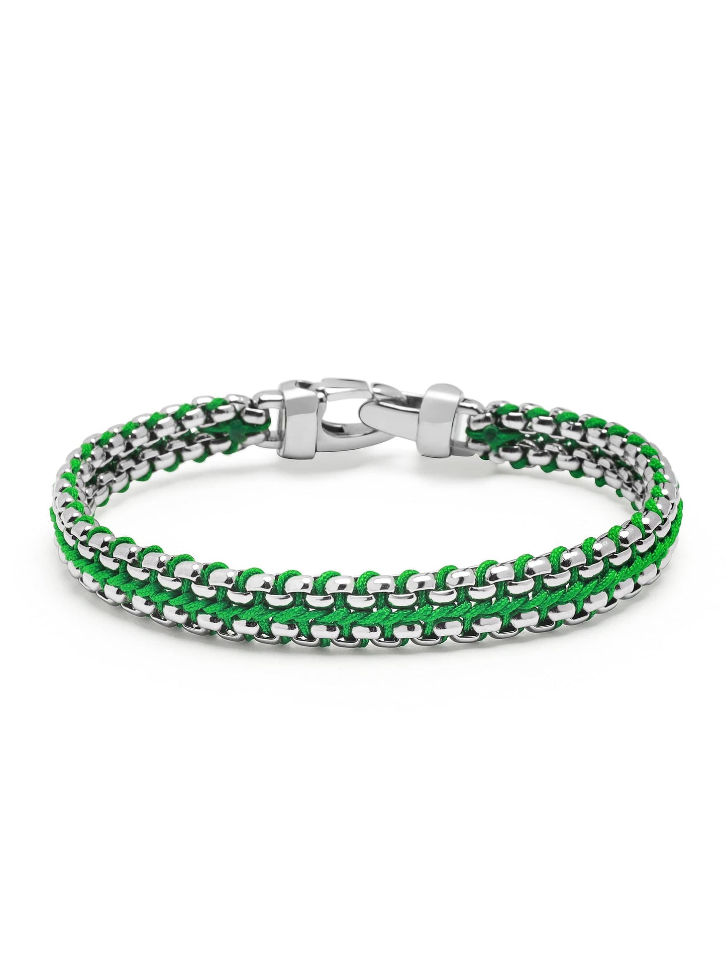 Green Woven Box Chain Bracelet in Silver