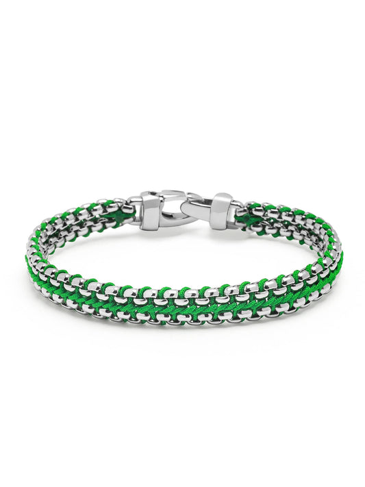 Green Woven Box Chain Bracelet in Silver
