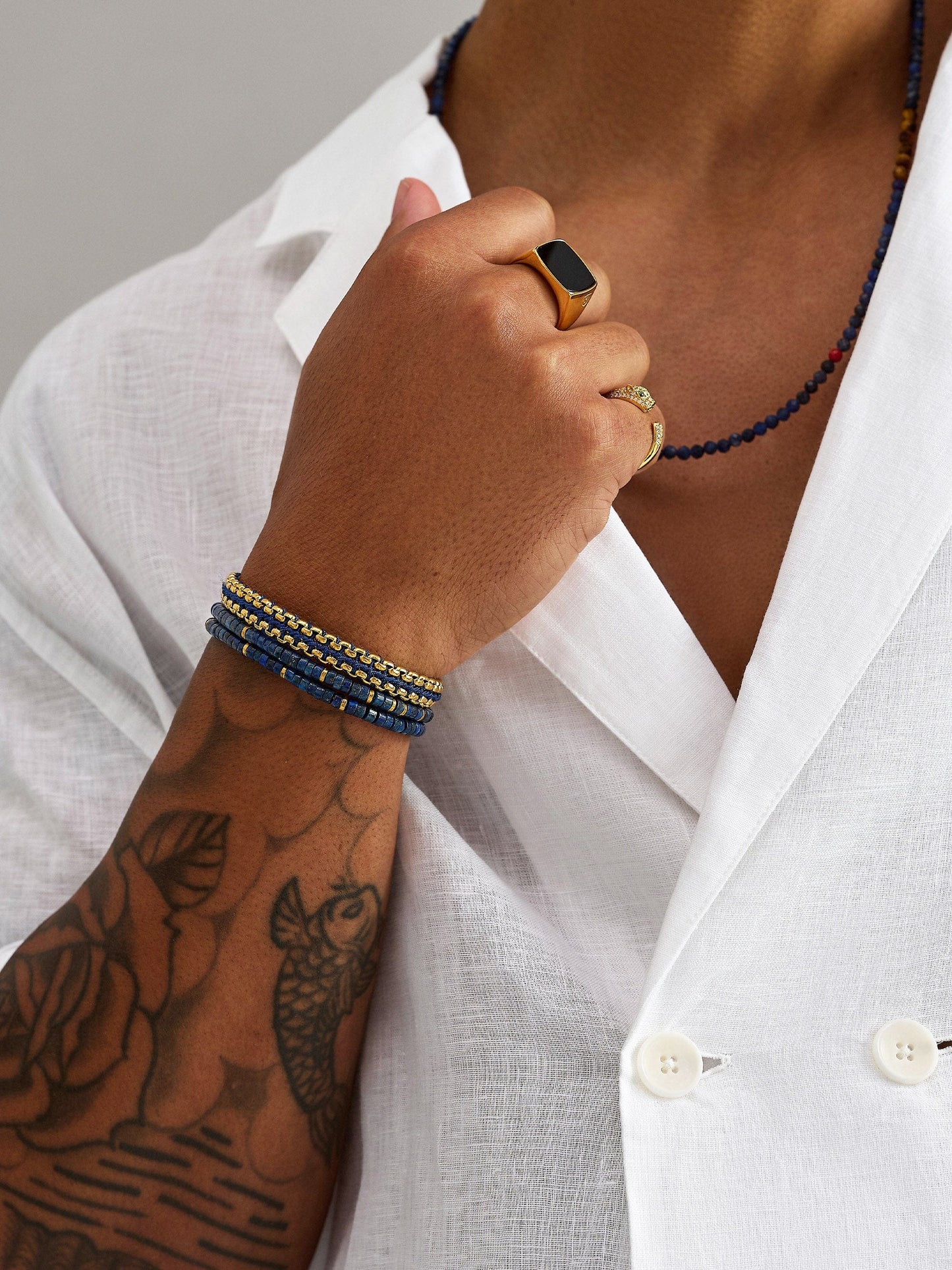 Blue Lapis Heishi Wrap Bracelet with Gold Lock
