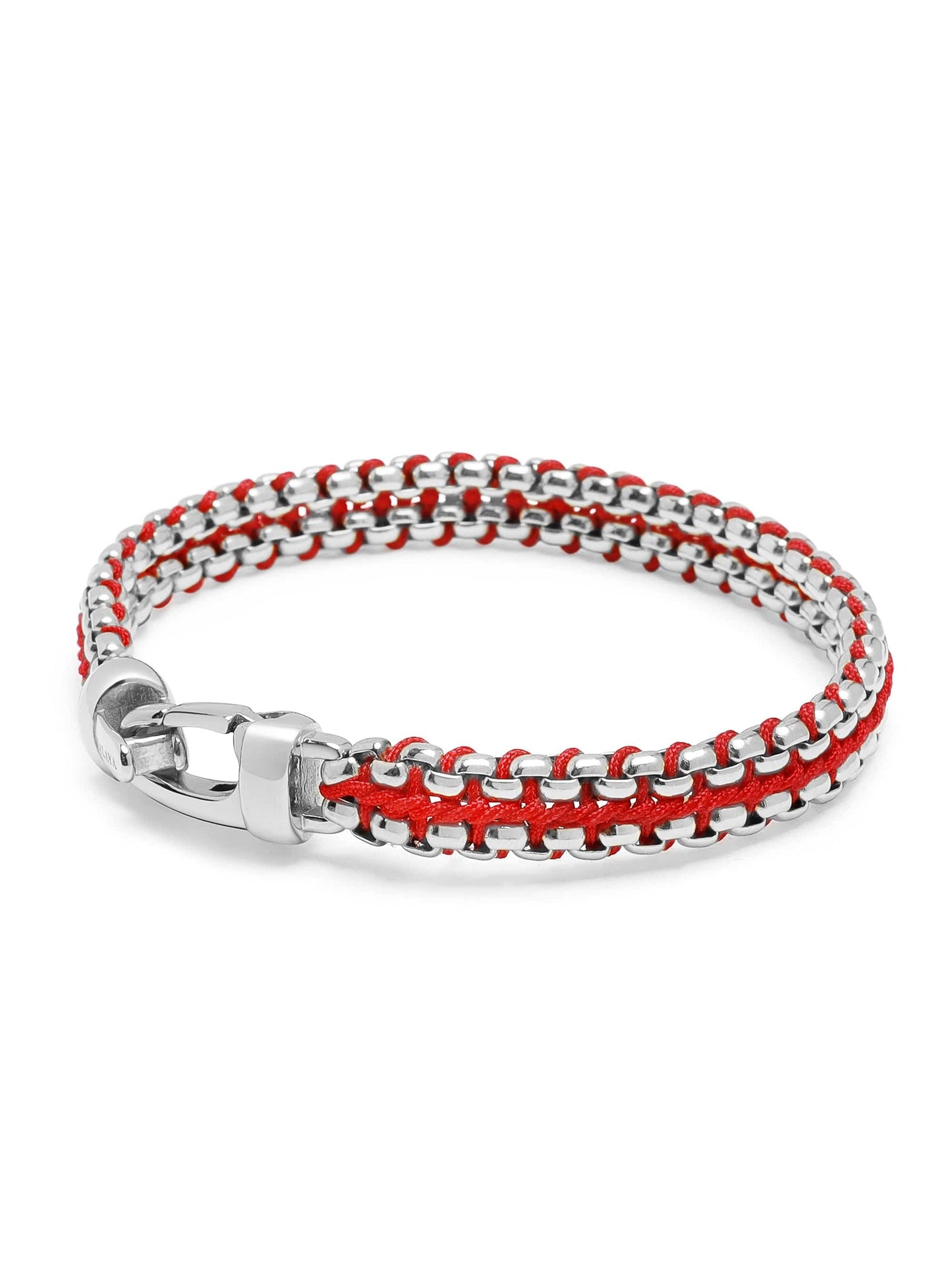 Red Woven Box Chain Bracelet in Silver