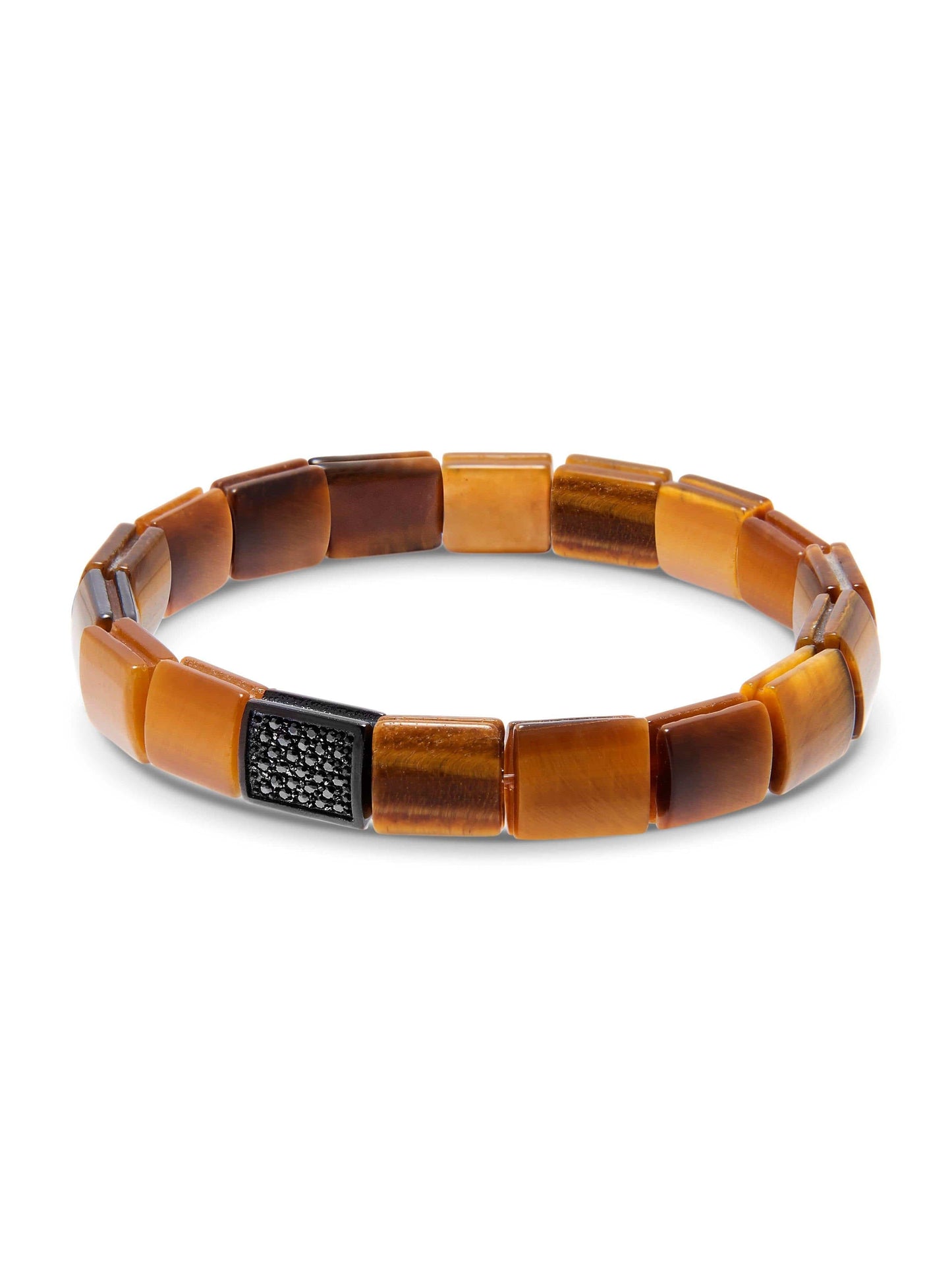 Men's Wristband with Brown Tiger Eye and Black CZ Diamond Flatbeads