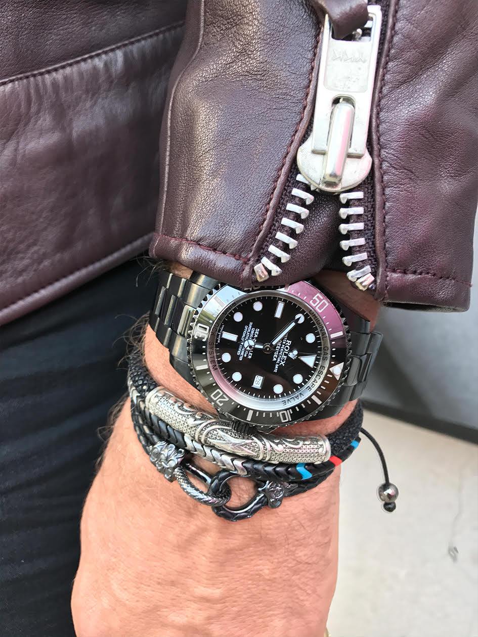 Men's Black Leather Bracelet with Black Rhodium Hook Clasp