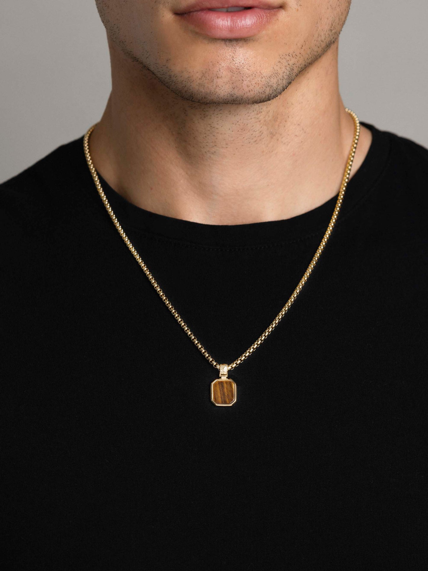 Gold Necklace with Square Brown Tiger Eye Pendant