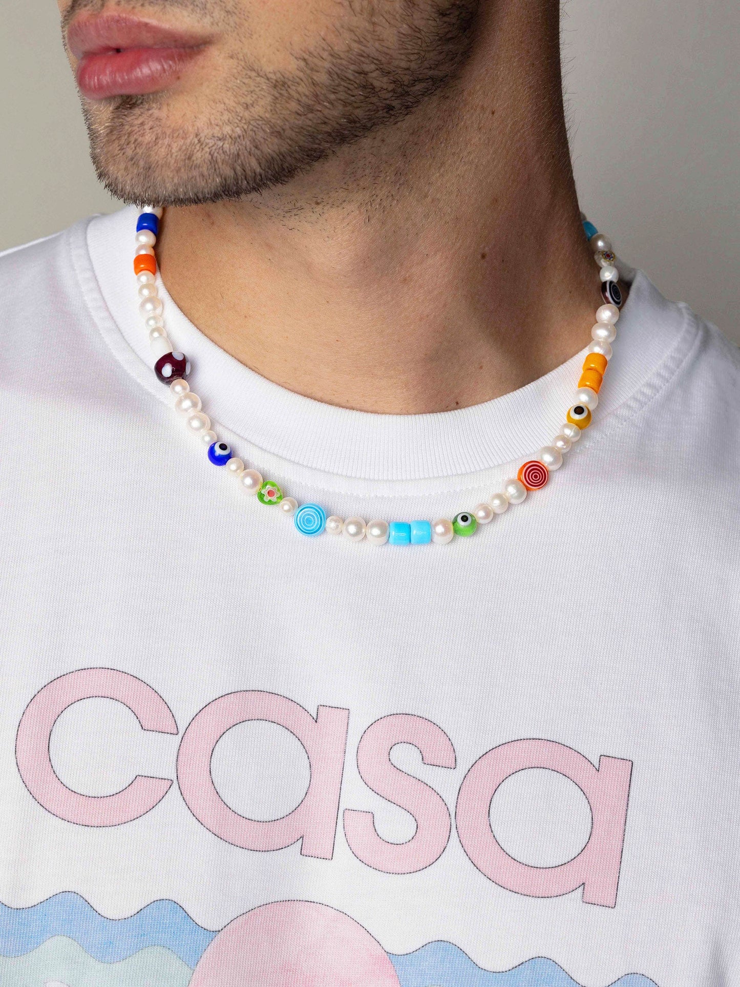 Men's Pearl Necklace with Playful Glass Beads