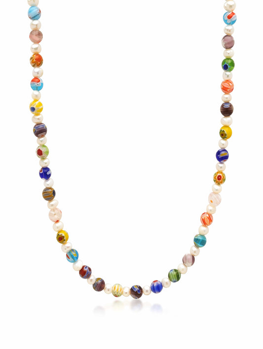 Men's Pearl Necklace with Hand-Painted Glass Beads