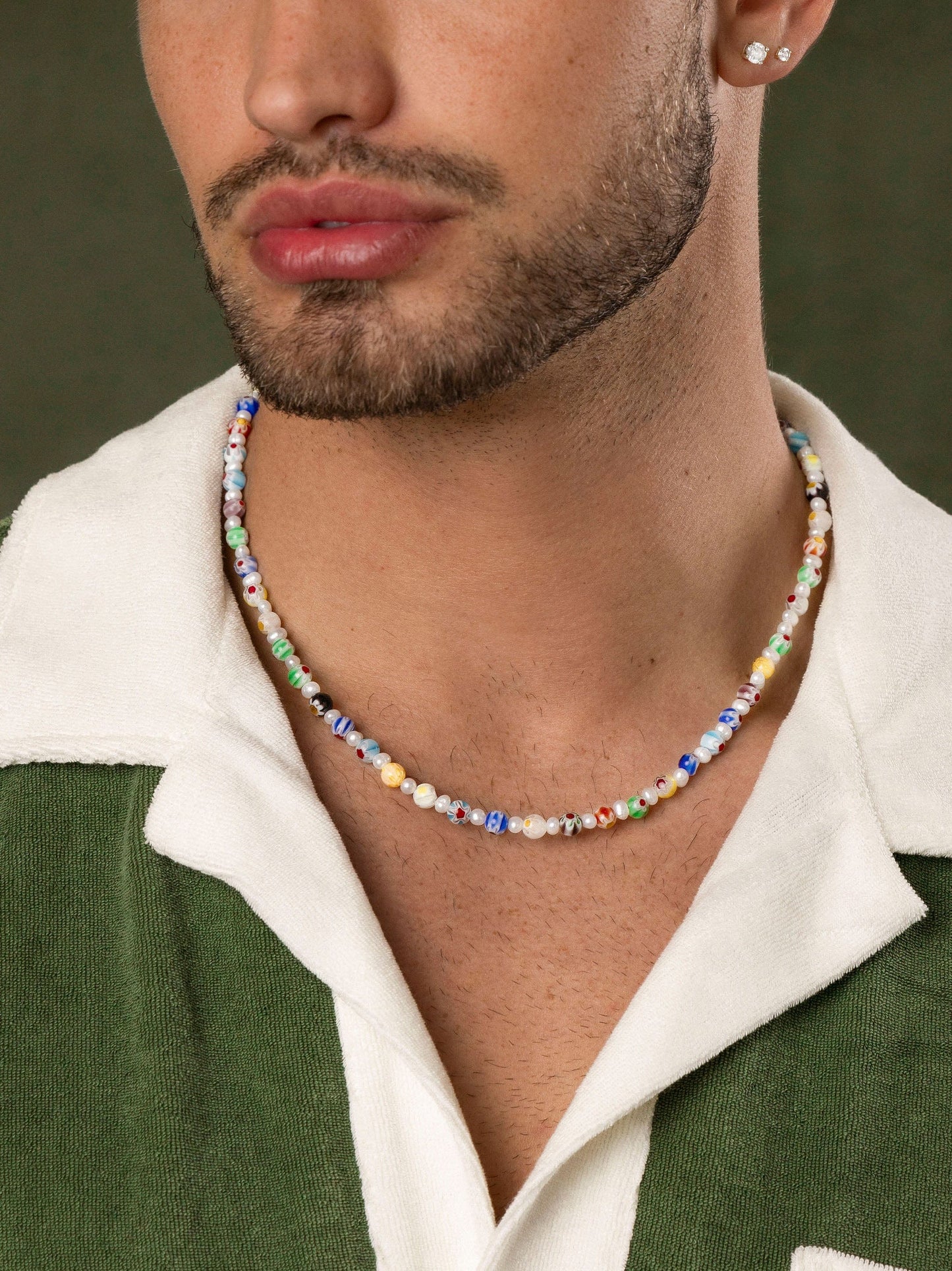 Men's Pearl Necklace with Hand-Painted Glass Beads