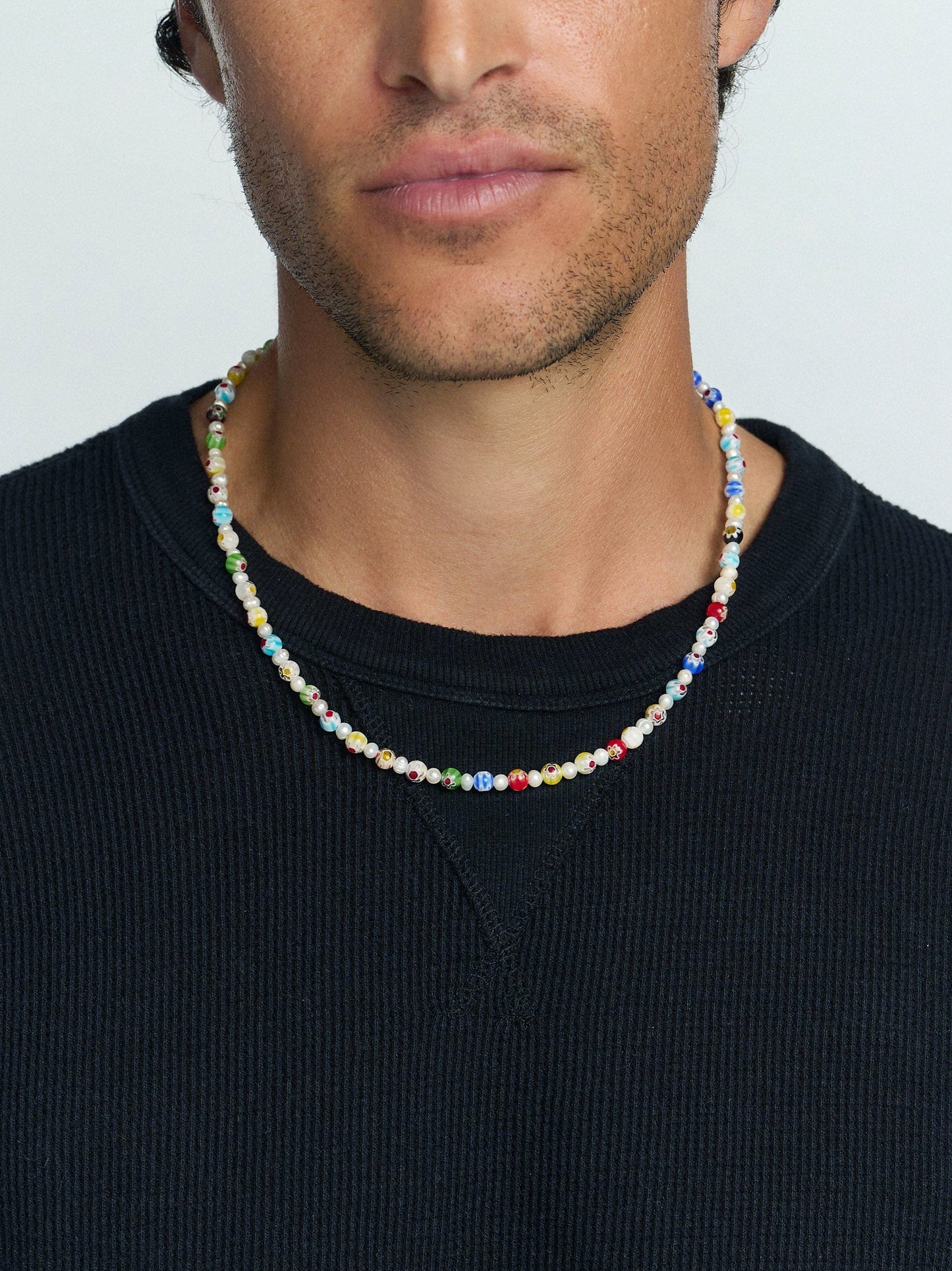 Men's Pearl Necklace with Hand-Painted Glass Beads