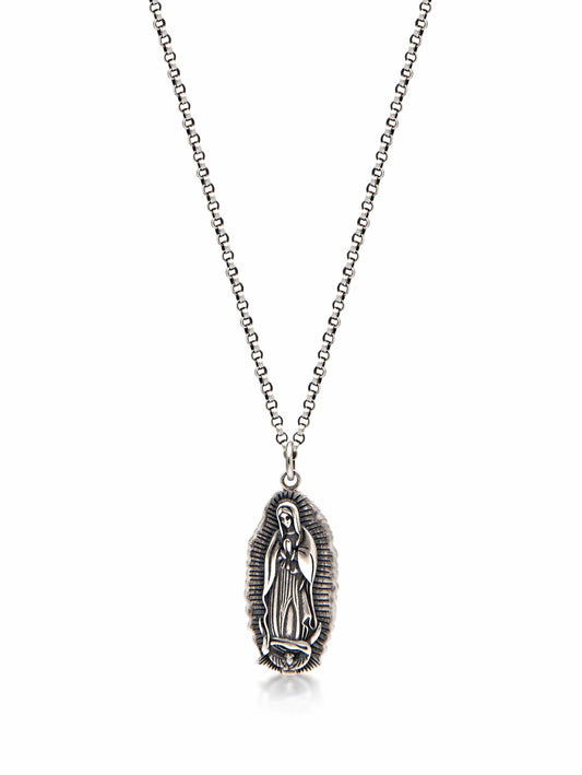 Men's Silver Necklace with Our Lady of Guadalupe Pendant