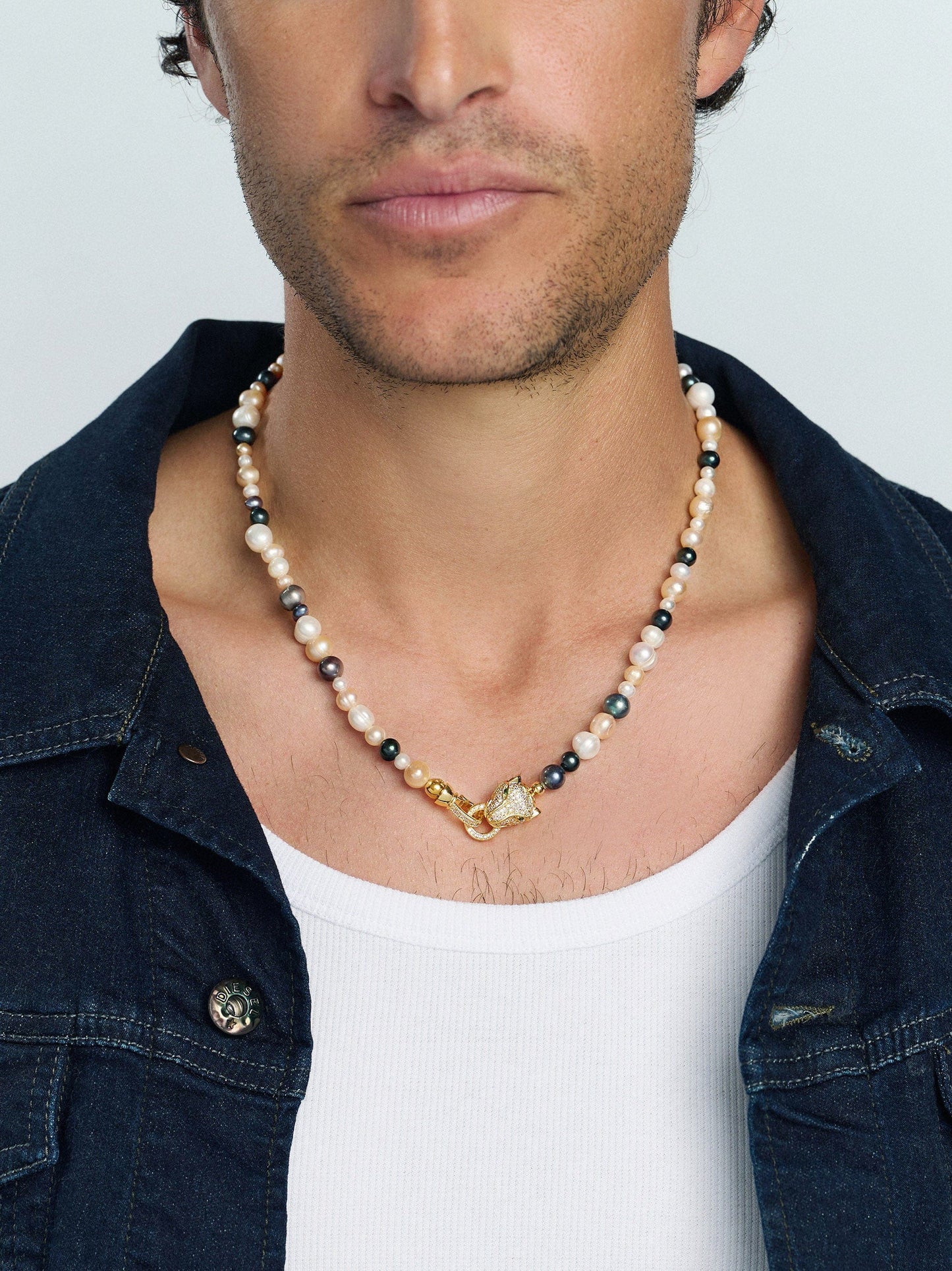 Multi-Colored Pearl Necklace with Gold Plated Panther Head Lock