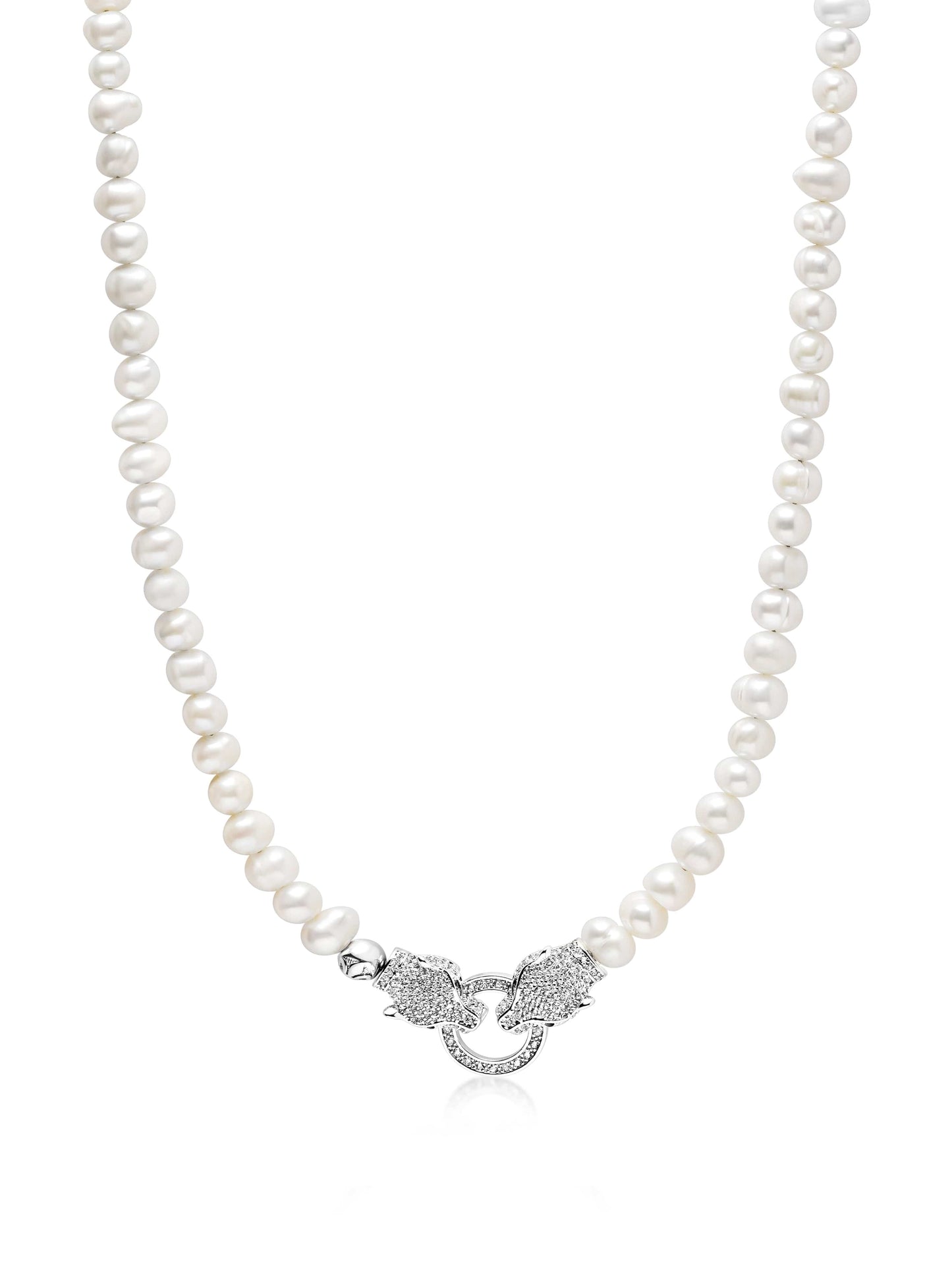 Pearl Necklace with Double Panther Head in Silver